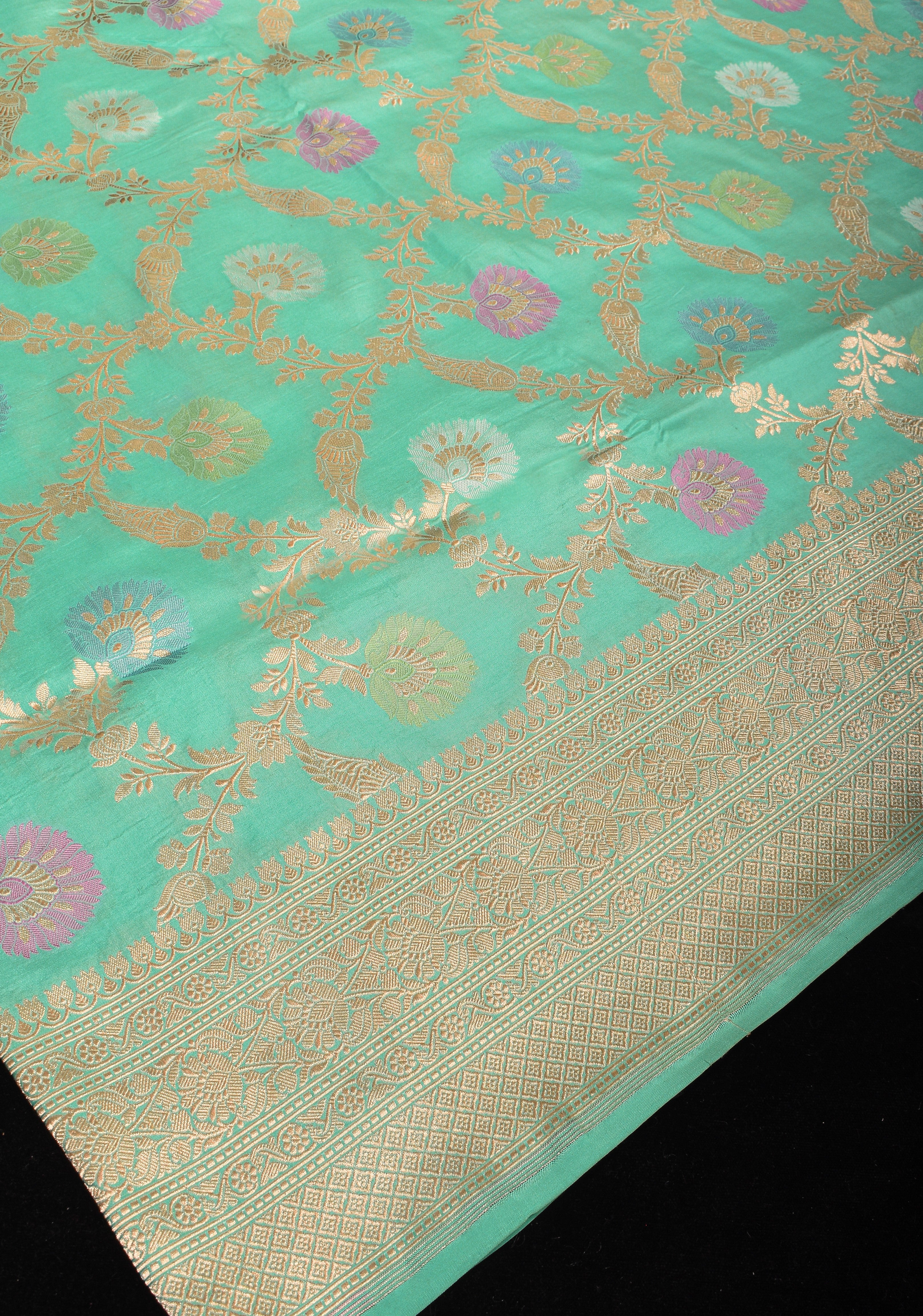 Lagoon Teal Exquisite Meenakari Floral Pattern Jaal Pure Katan Silk Banarasi Saree | SILK MARK CERTIFIED