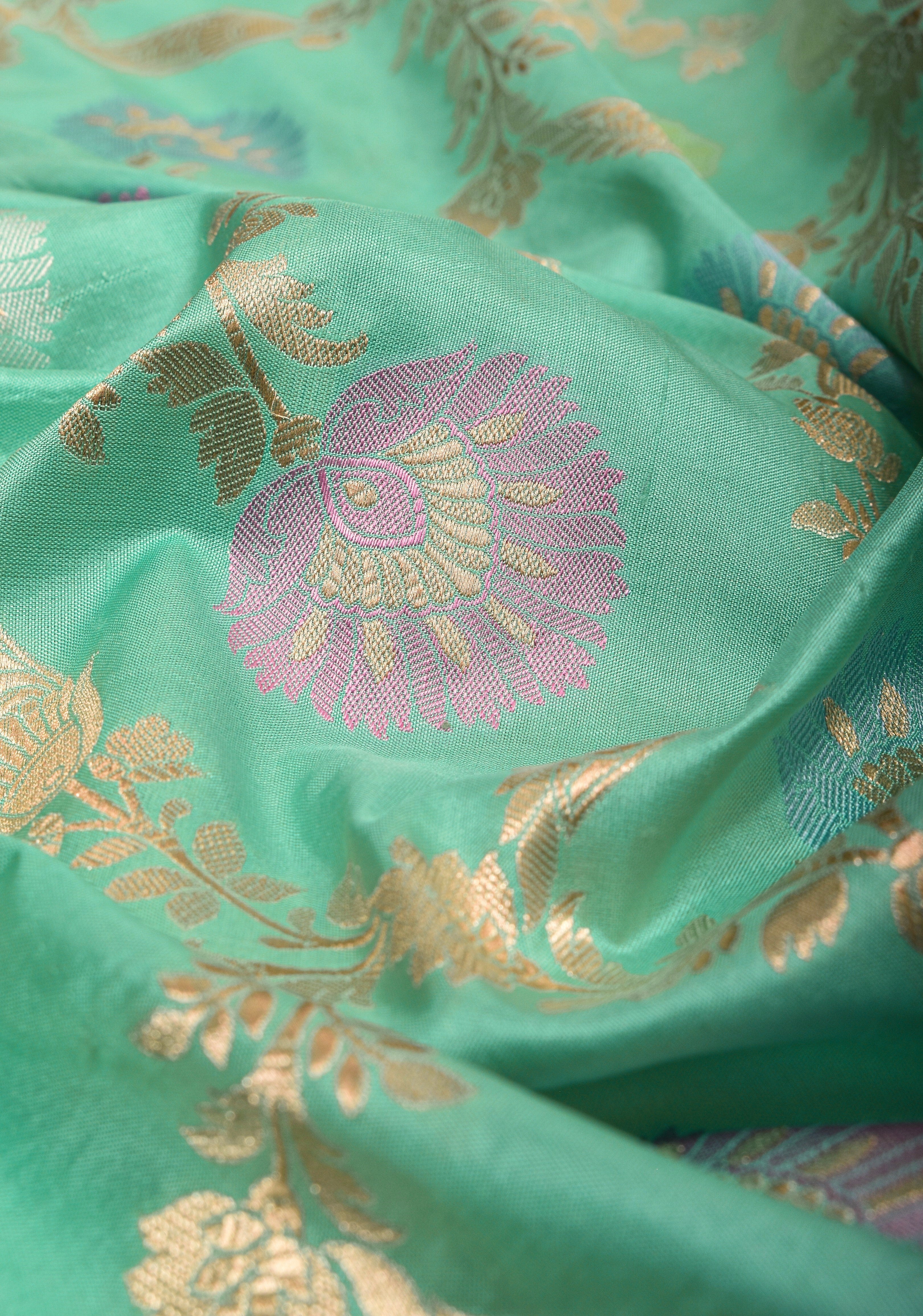 Lagoon Teal Exquisite Meenakari Floral Pattern Jaal Pure Katan Silk Banarasi Saree | SILK MARK CERTIFIED