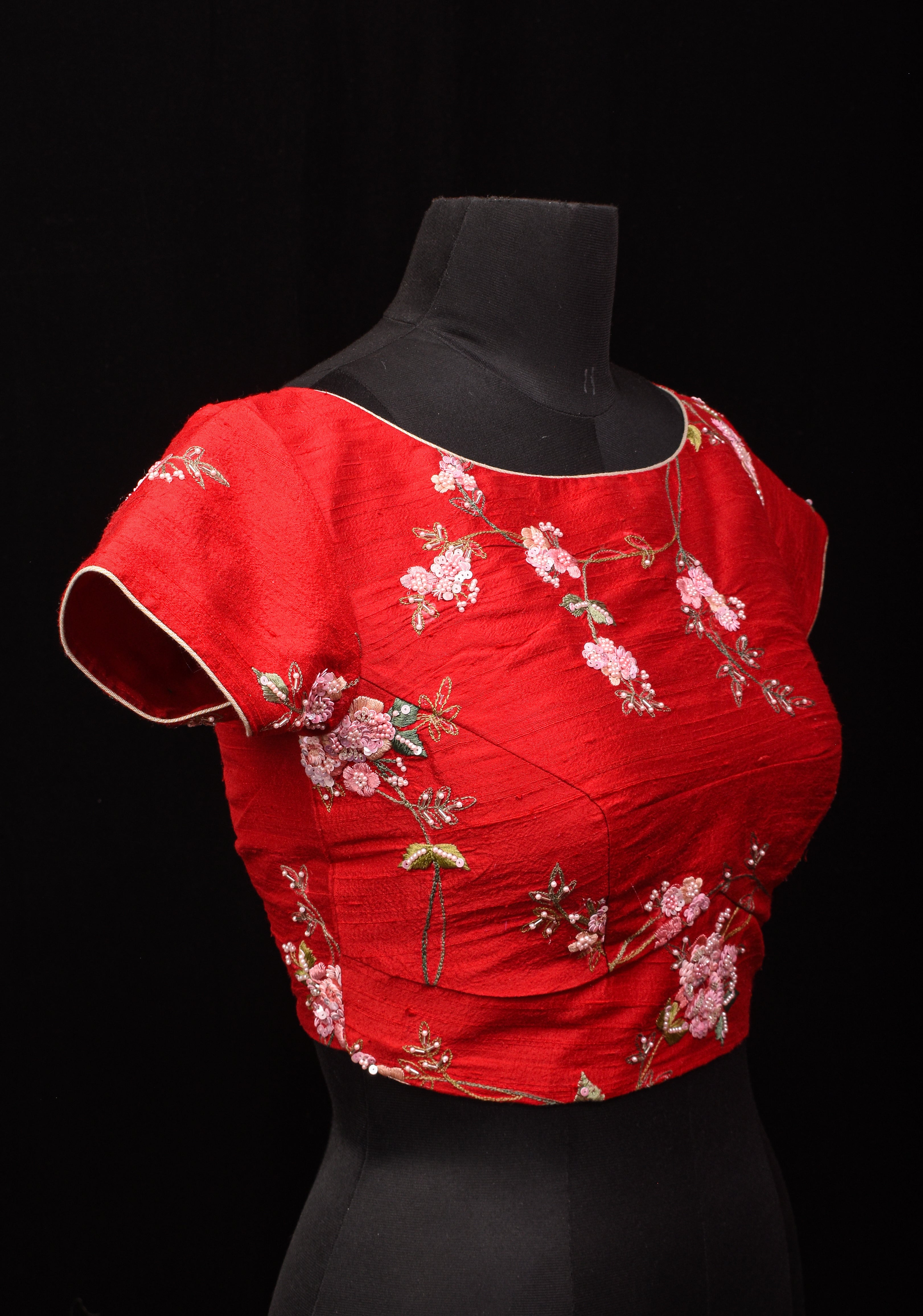 Blood Red Pure Raw Silk Blouse with Floral Embroidery and Moti Jaal | Made to Order