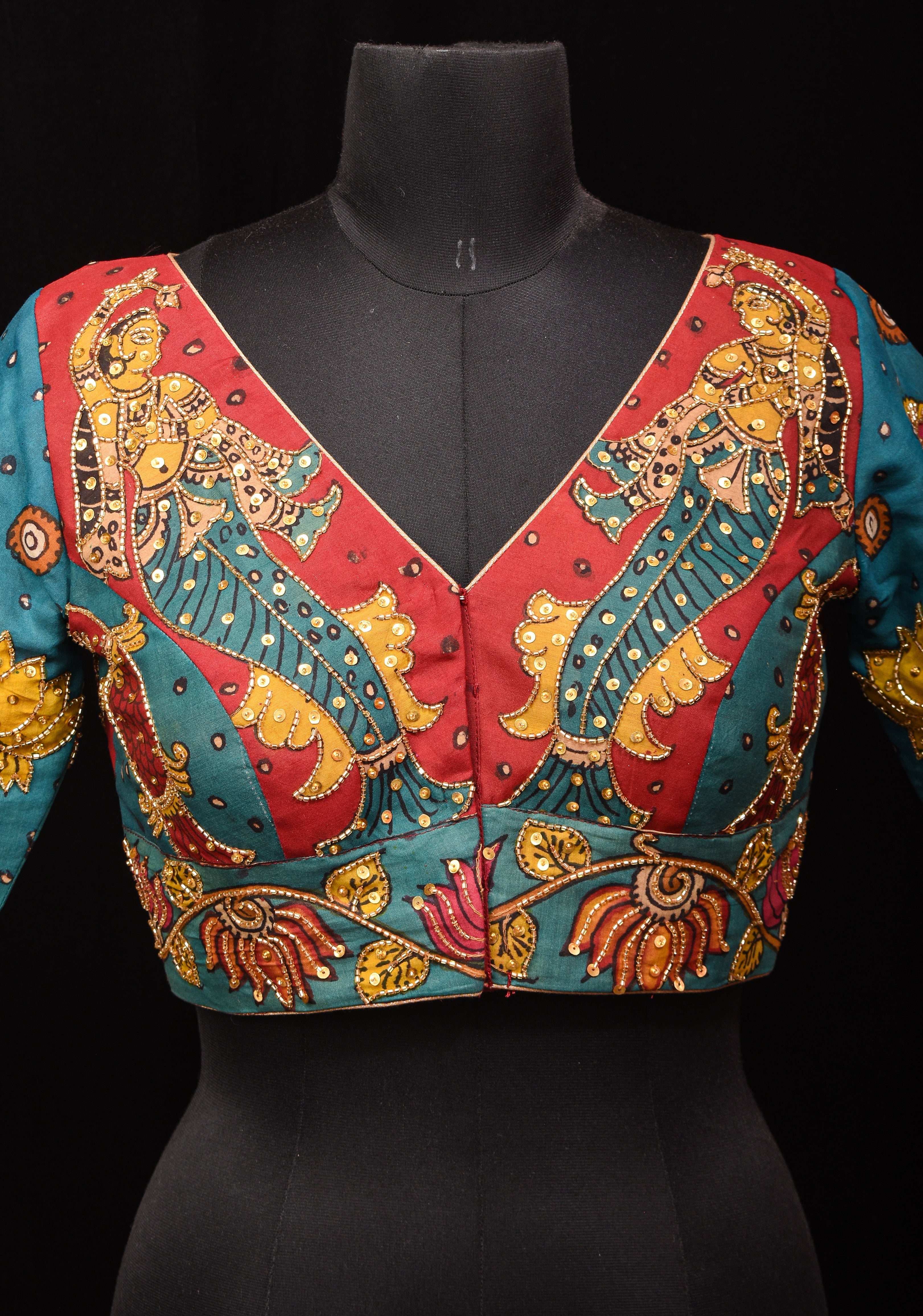 Pen Kalamkari And Cutdana Handwork Blouse in Blue and Red, Made to Order