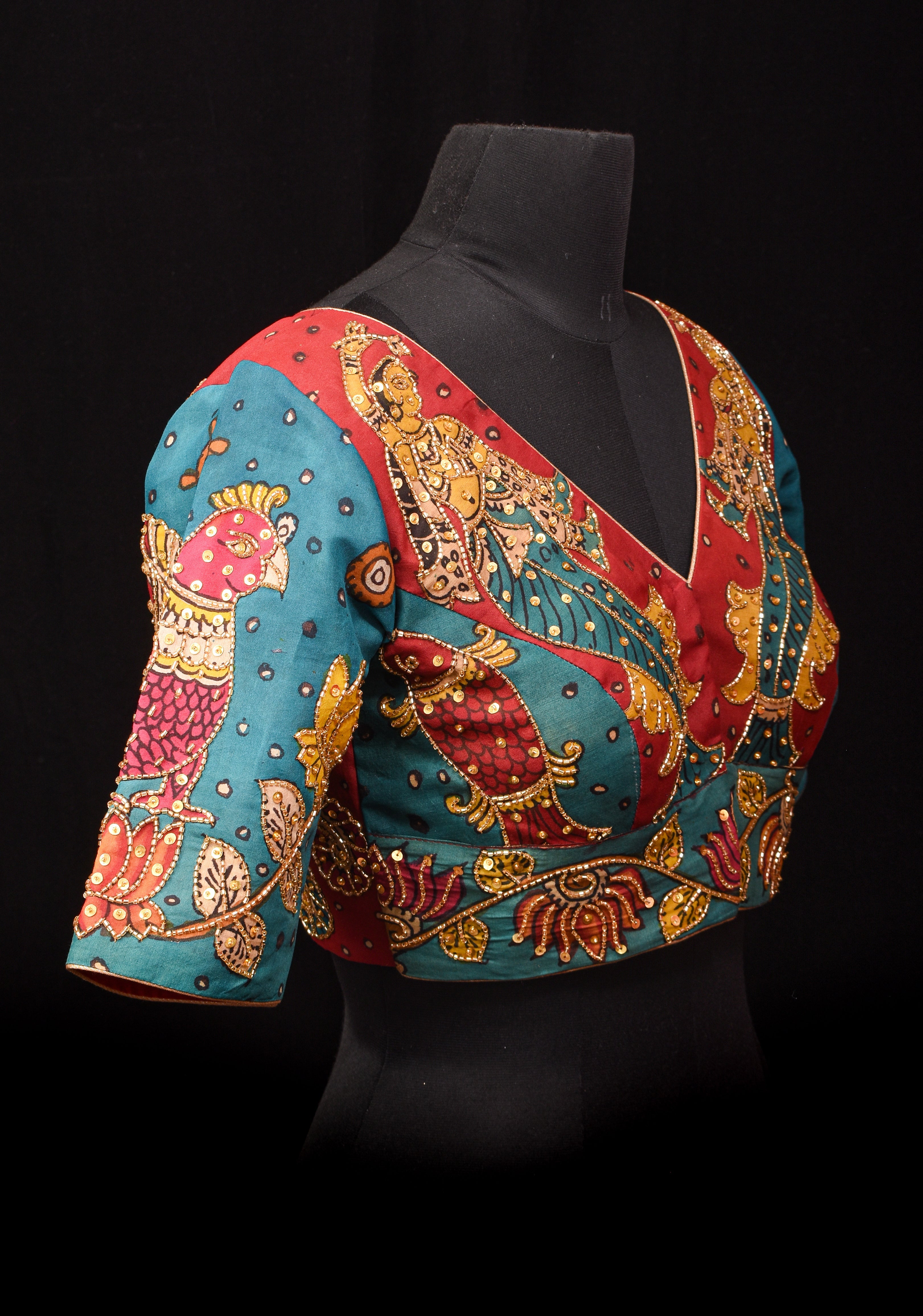 Pen Kalamkari And Cutdana Handwork Blouse in Blue and Red, Made to Order