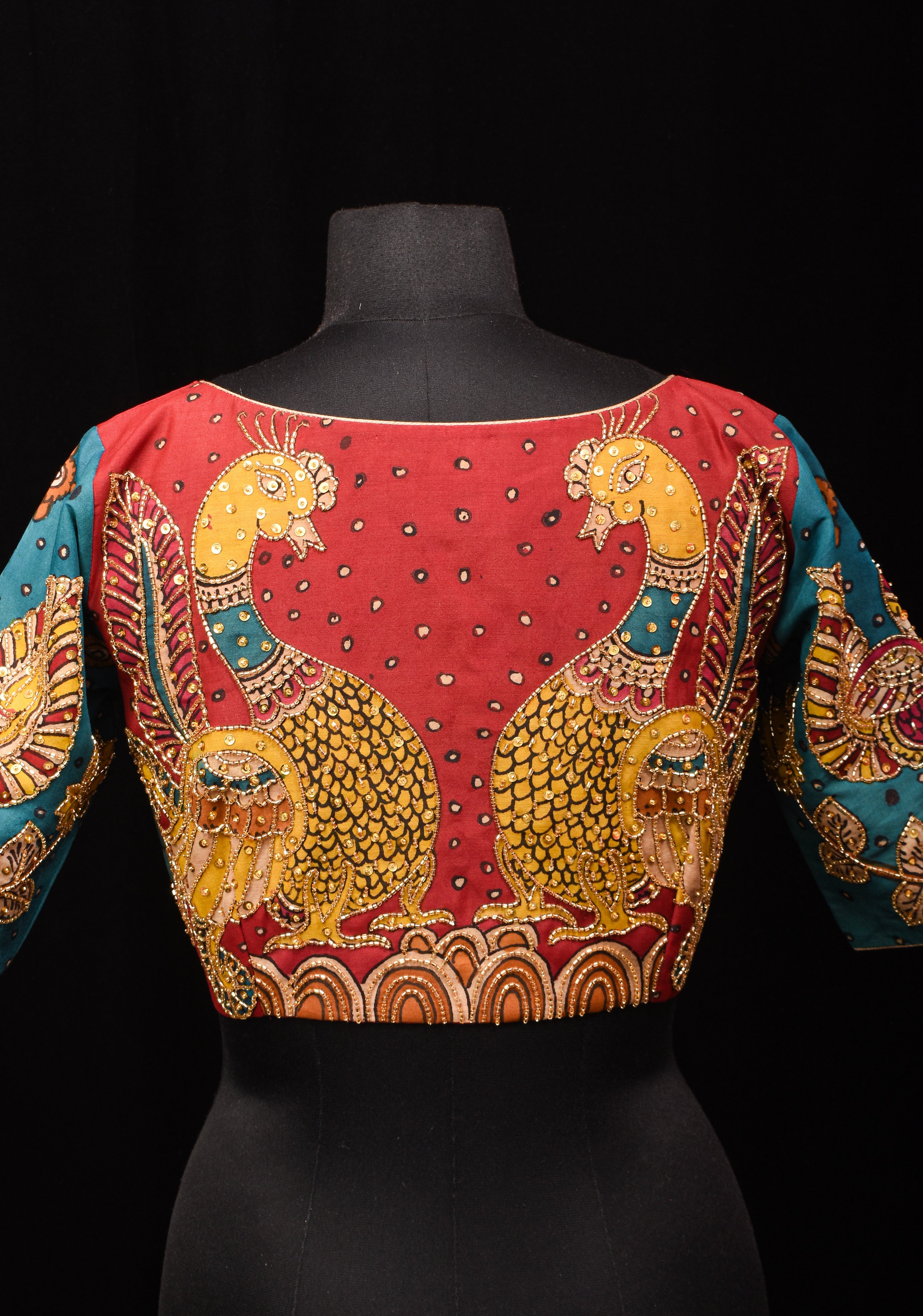 Pen Kalamkari And Cutdana Handwork Blouse in Blue and Red, Made to Order