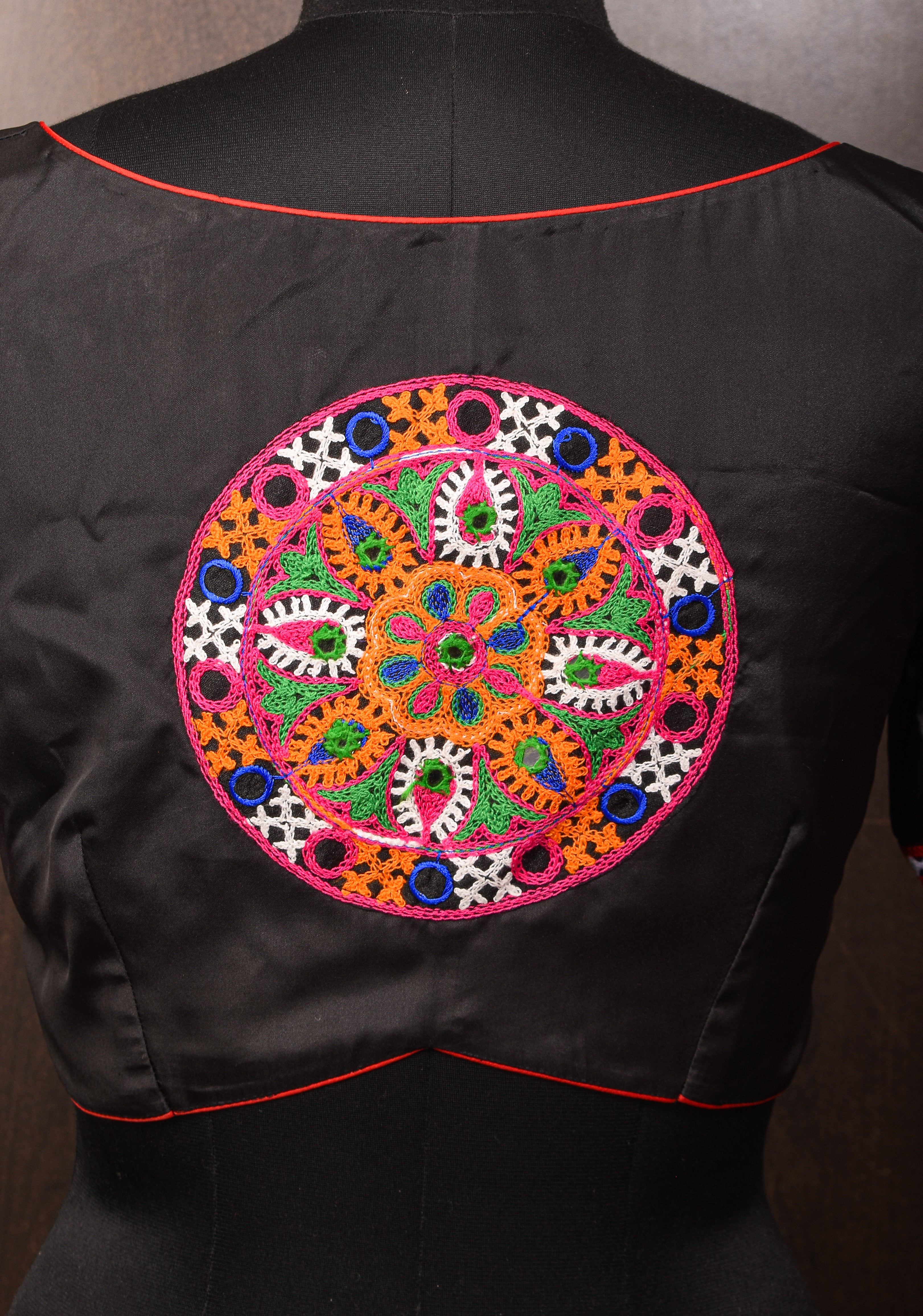 Made To Order: Black Mandala Embroidery blouse with Elbow Sleeve