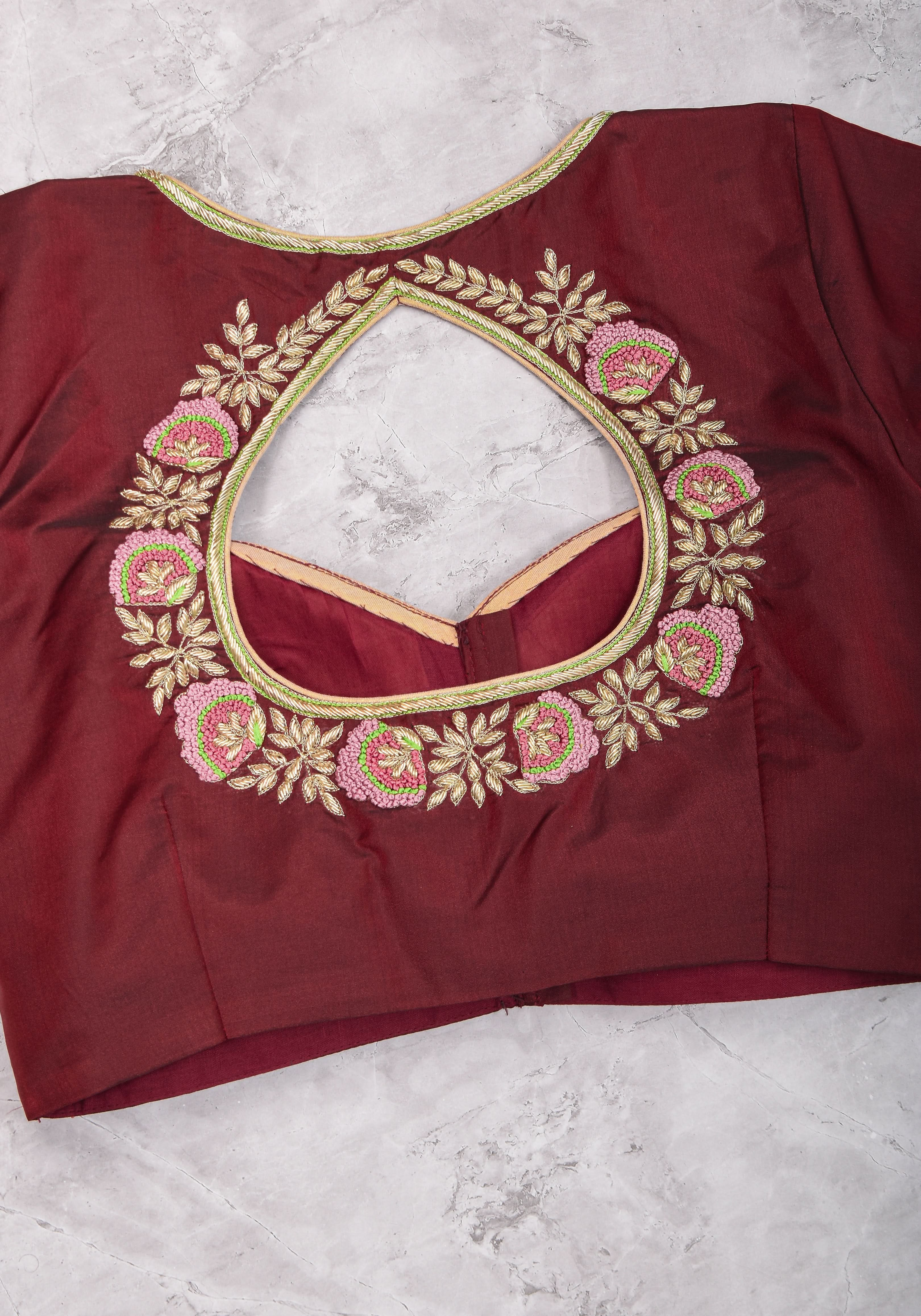 Made to Order: Hand Zardosi and French Knot Embroidered Blouse in Maroon | Shobitam Blouse