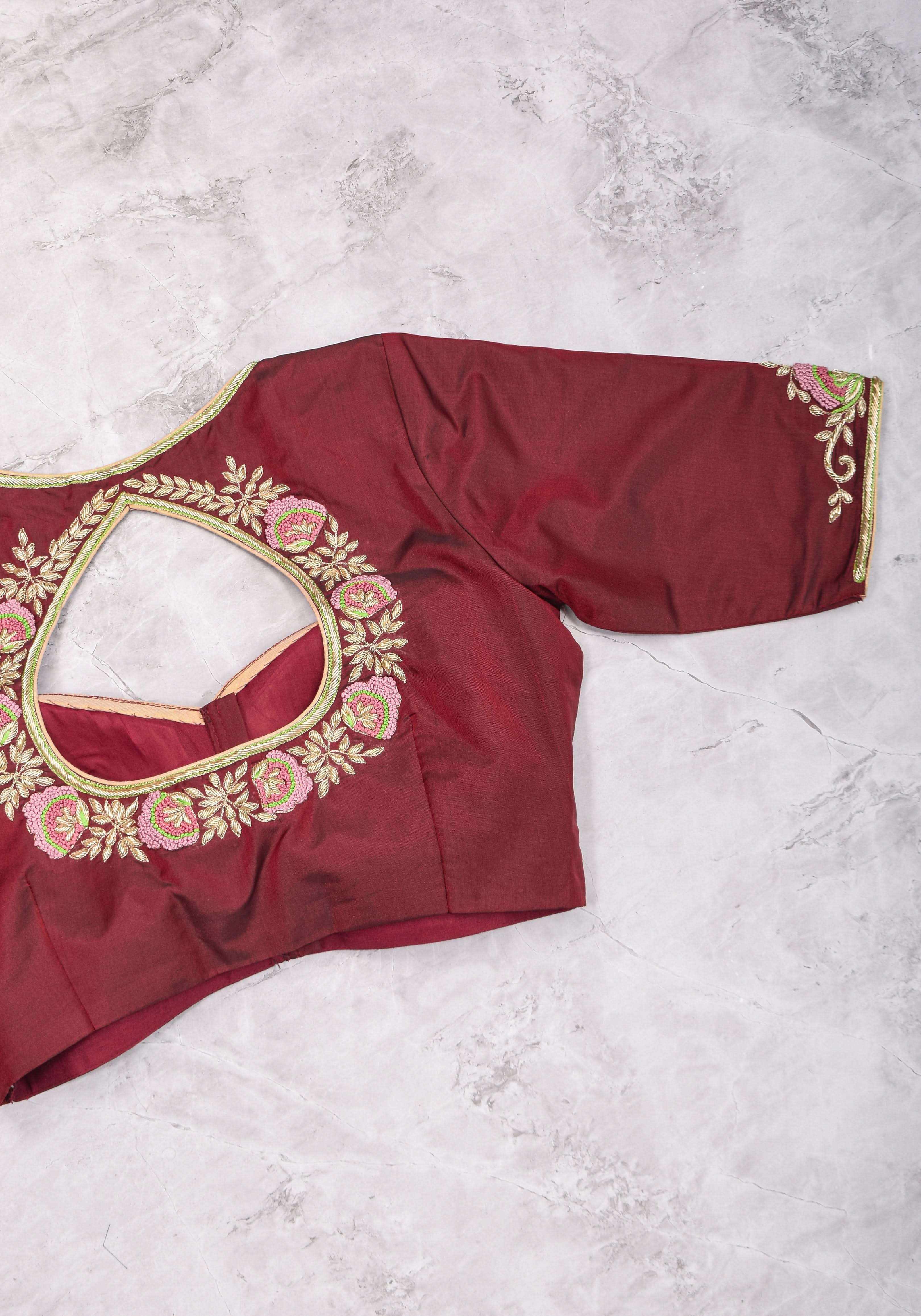 Made to Order: Hand Zardosi and French Knot Embroidered Blouse in Maroon | Shobitam Blouse