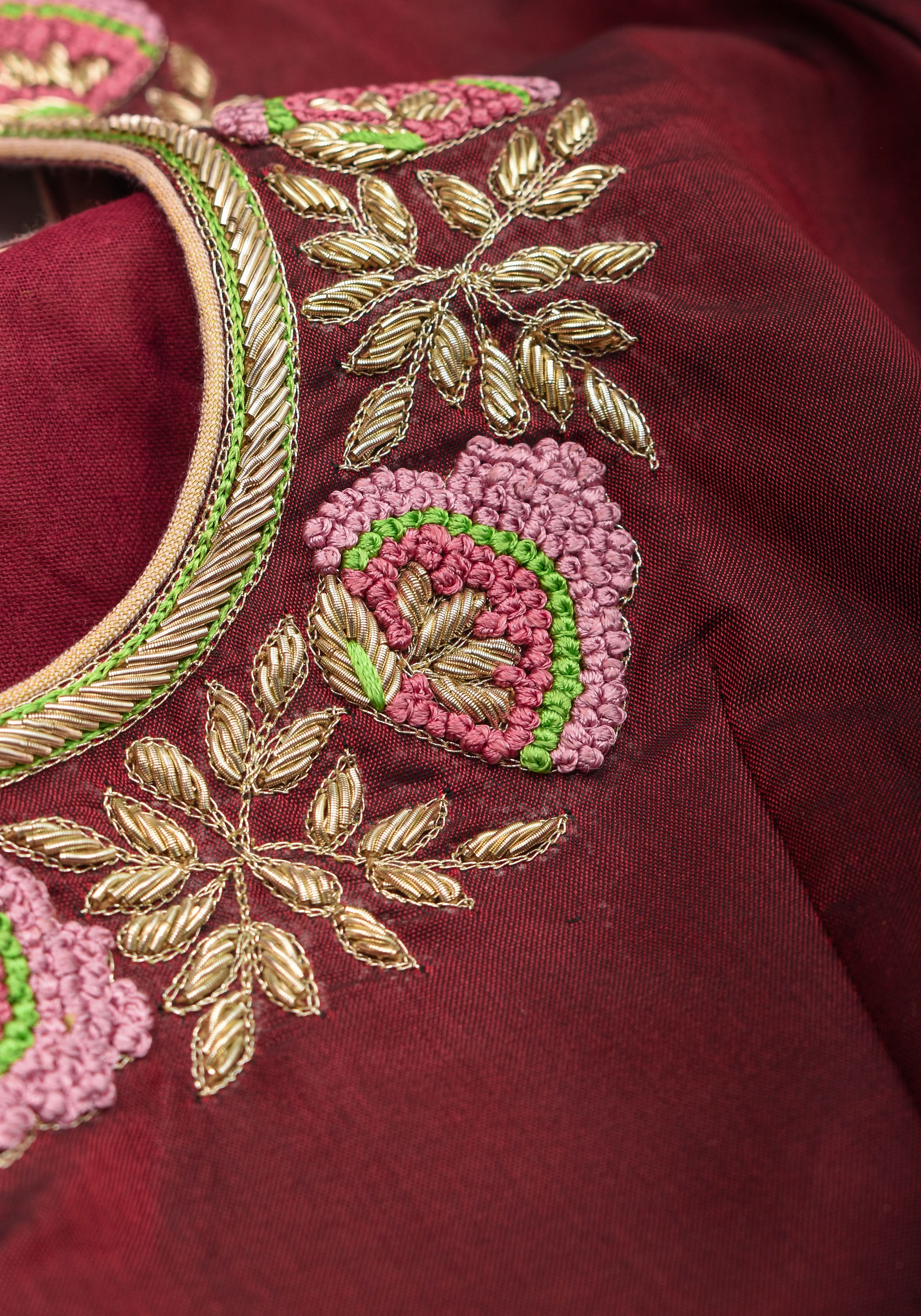 Made to Order: Hand Zardosi and French Knot Embroidered Blouse in Maroon | Shobitam Blouse