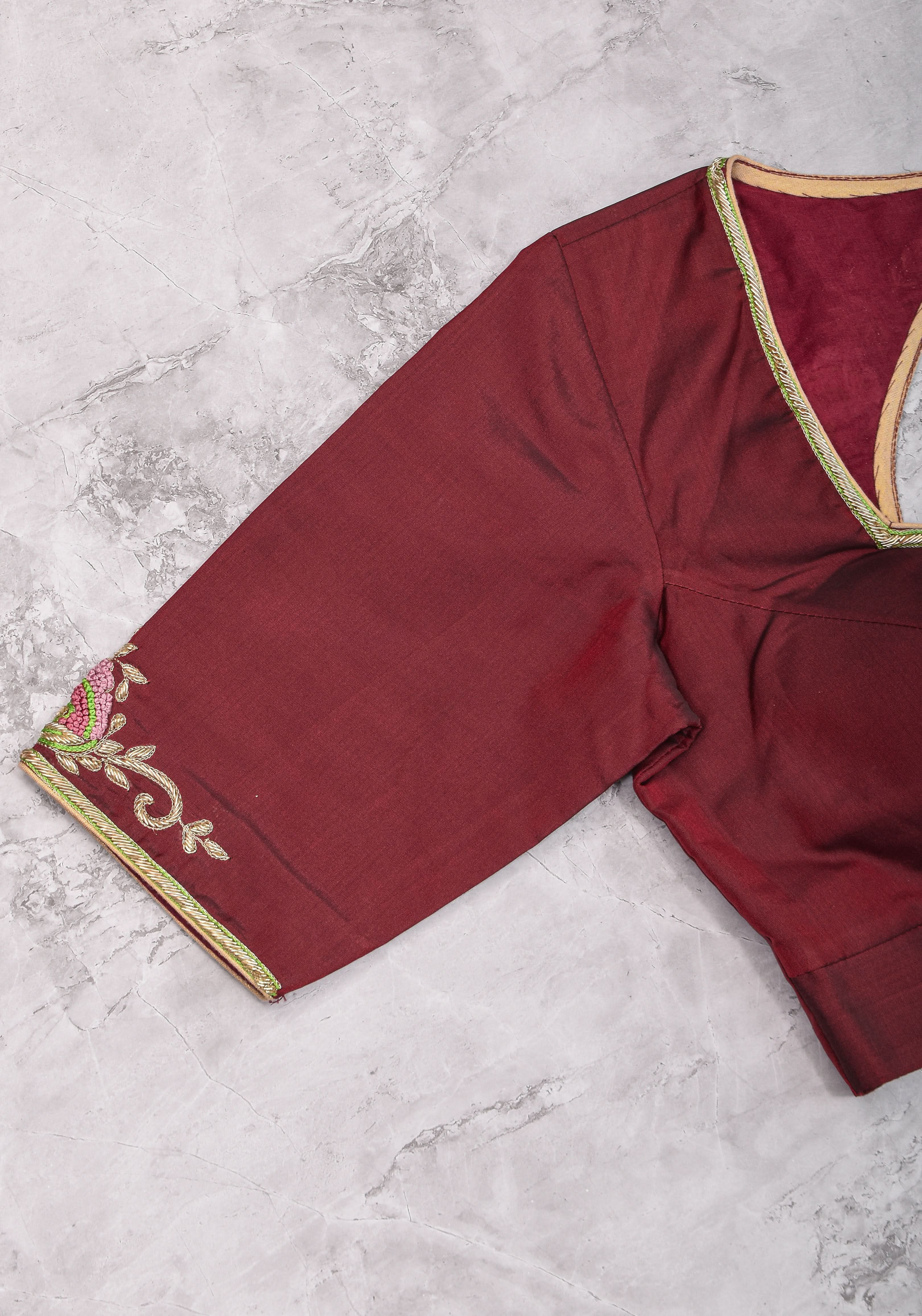 Made to Order: Hand Zardosi and French Knot Embroidered Blouse in Maroon | Shobitam Blouse