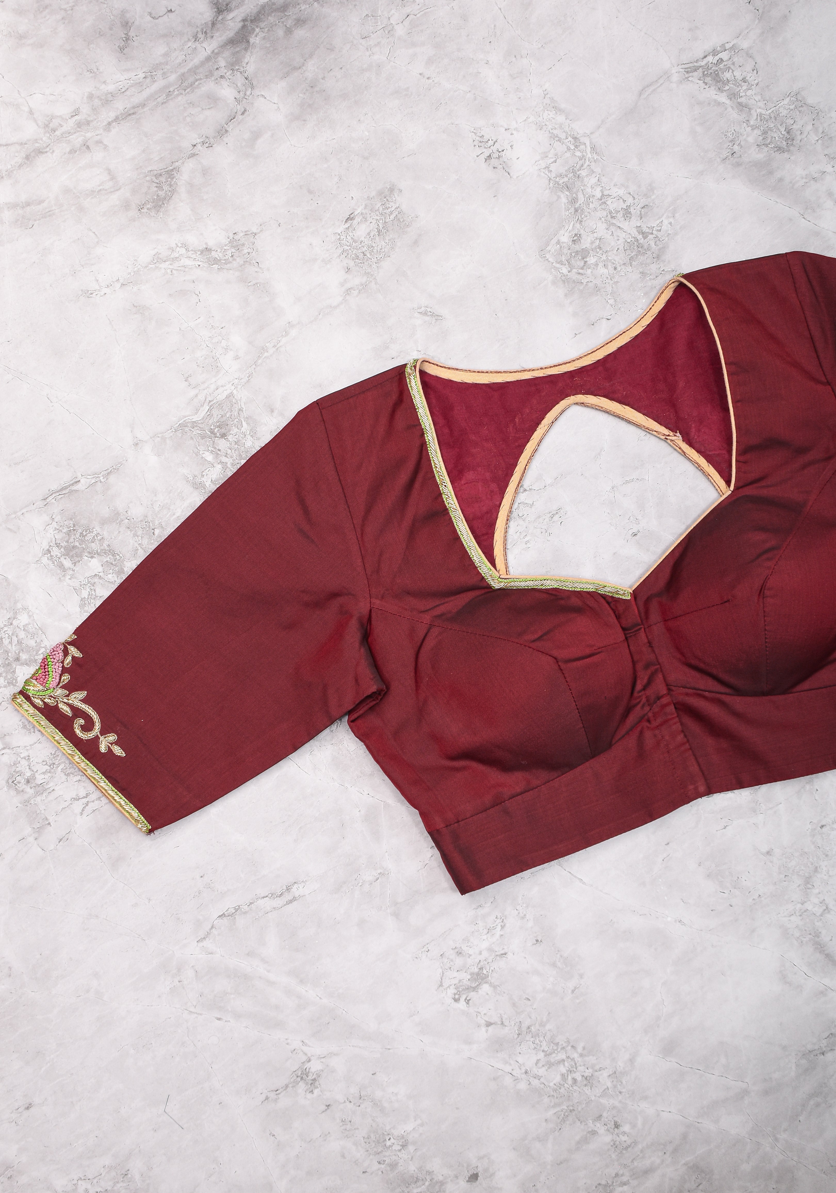 Made to Order: Hand Zardosi and French Knot Embroidered Blouse in Maroon | Shobitam Blouse