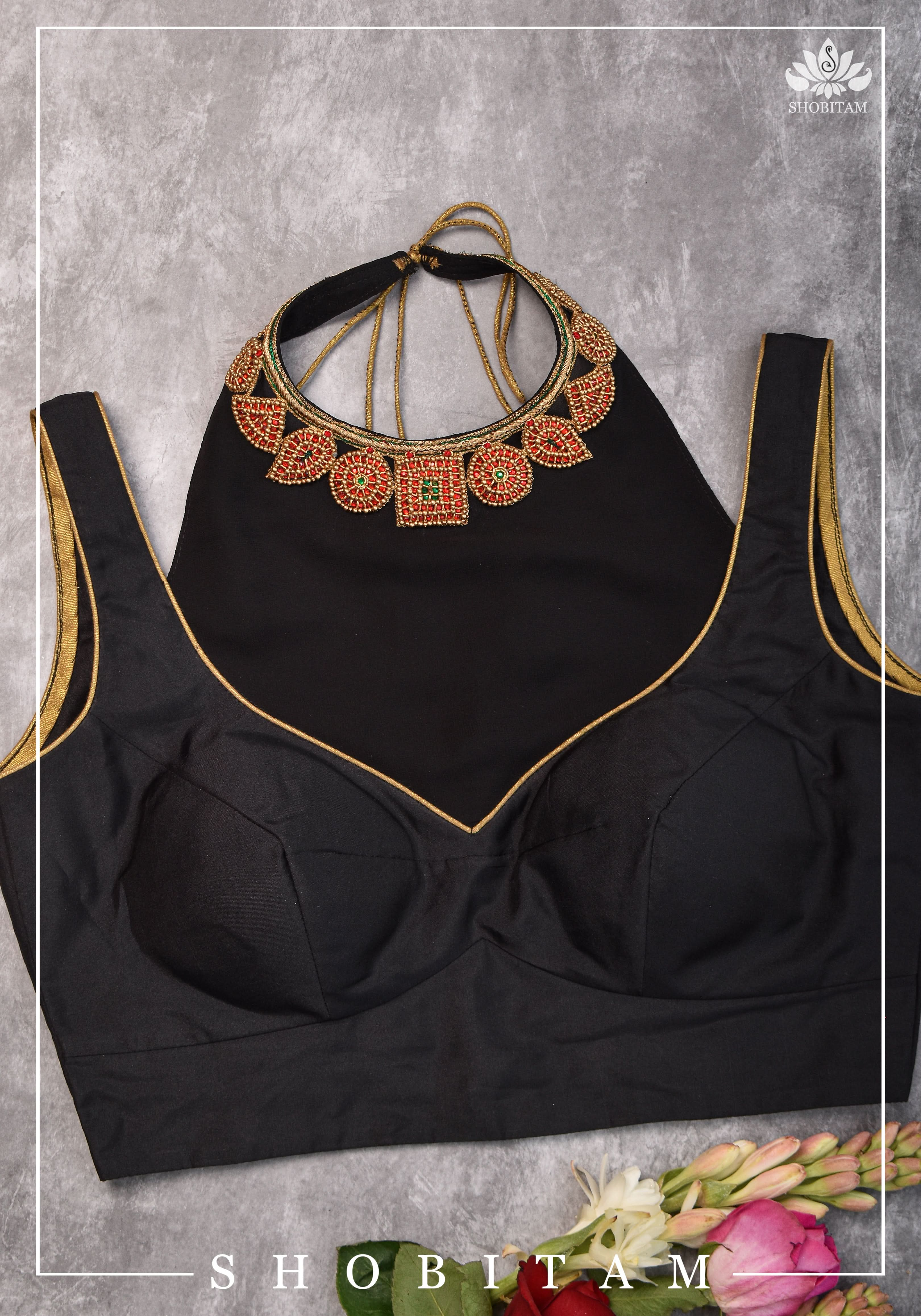 Made to order: Necklace Design Jadau Ornamental Blouse with Georgette Yoke in Black