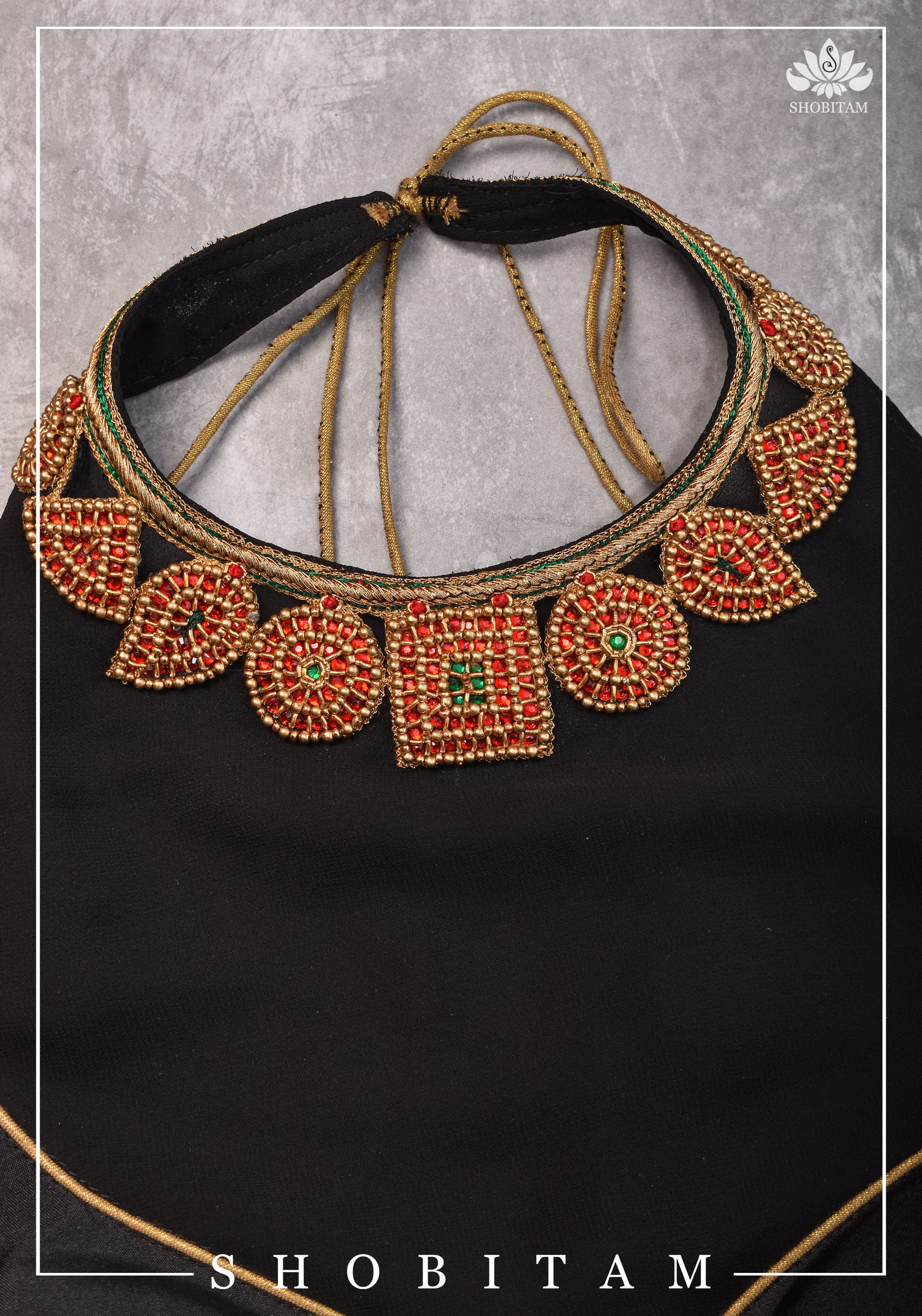 Made to order: Necklace Design Jadau Ornamental Blouse with Georgette Yoke in Black