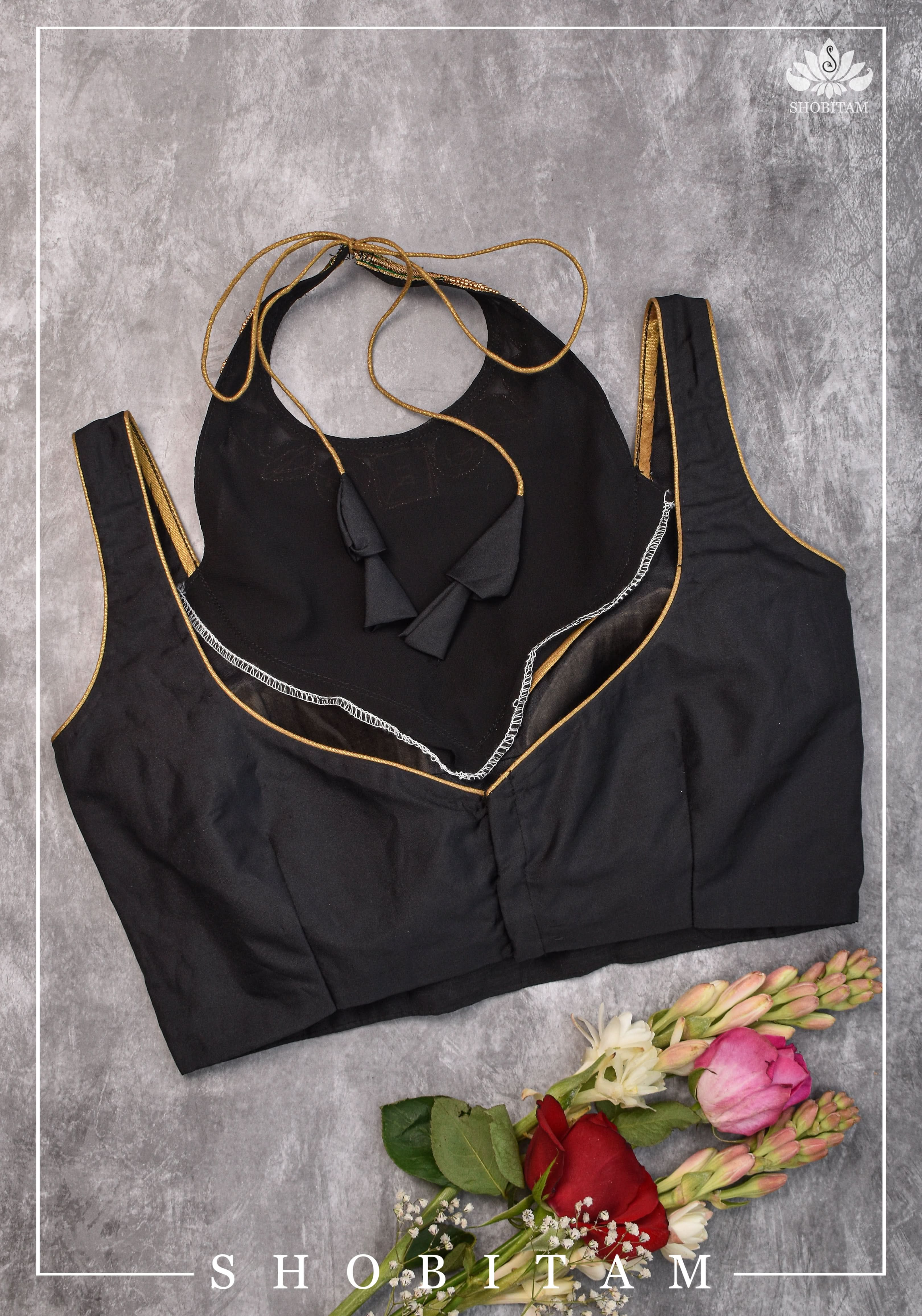 Made to order: Necklace Design Jadau Ornamental Blouse with Georgette Yoke in Black