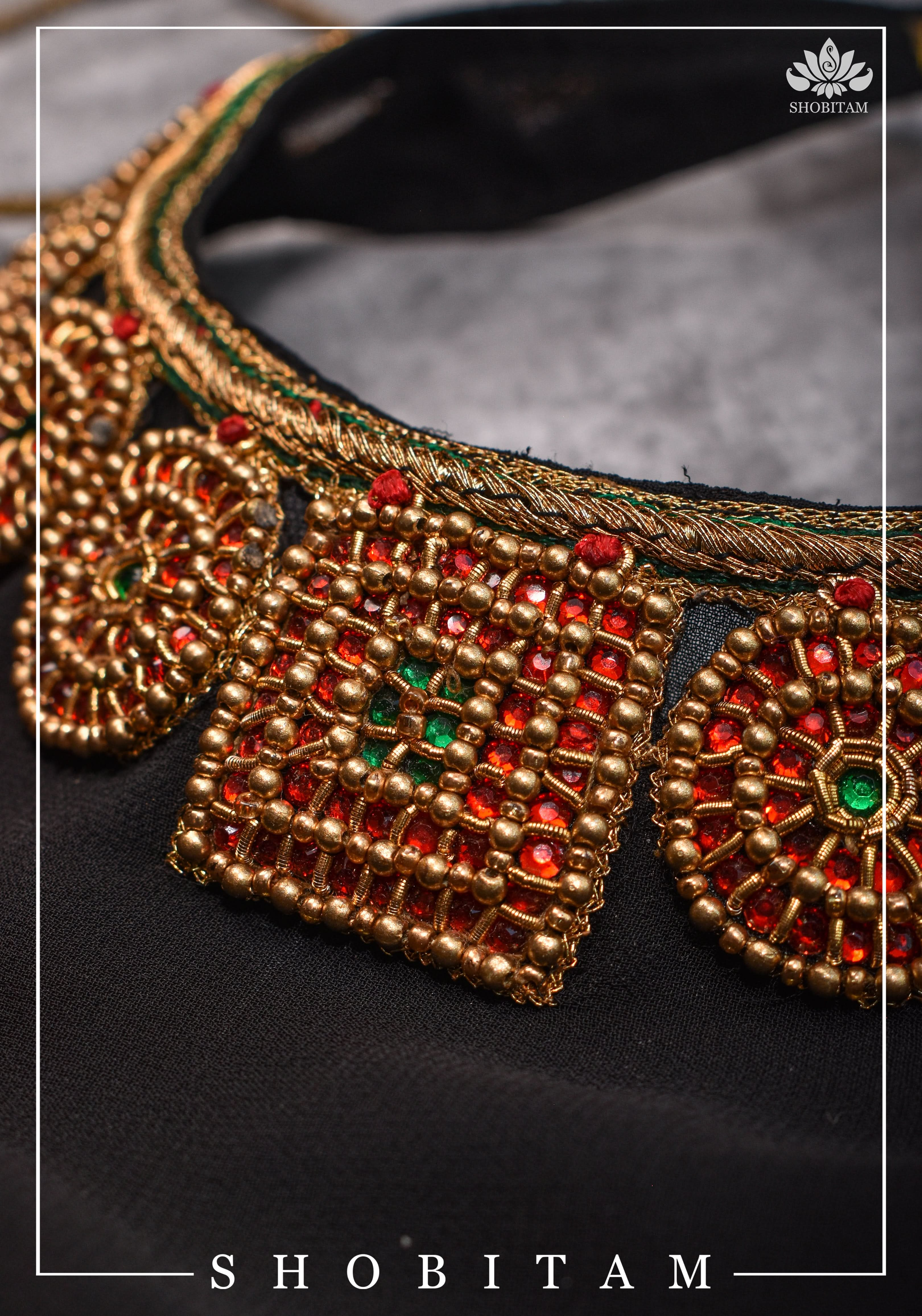 Made to order: Necklace Design Jadau Ornamental Blouse with Georgette Yoke in Black