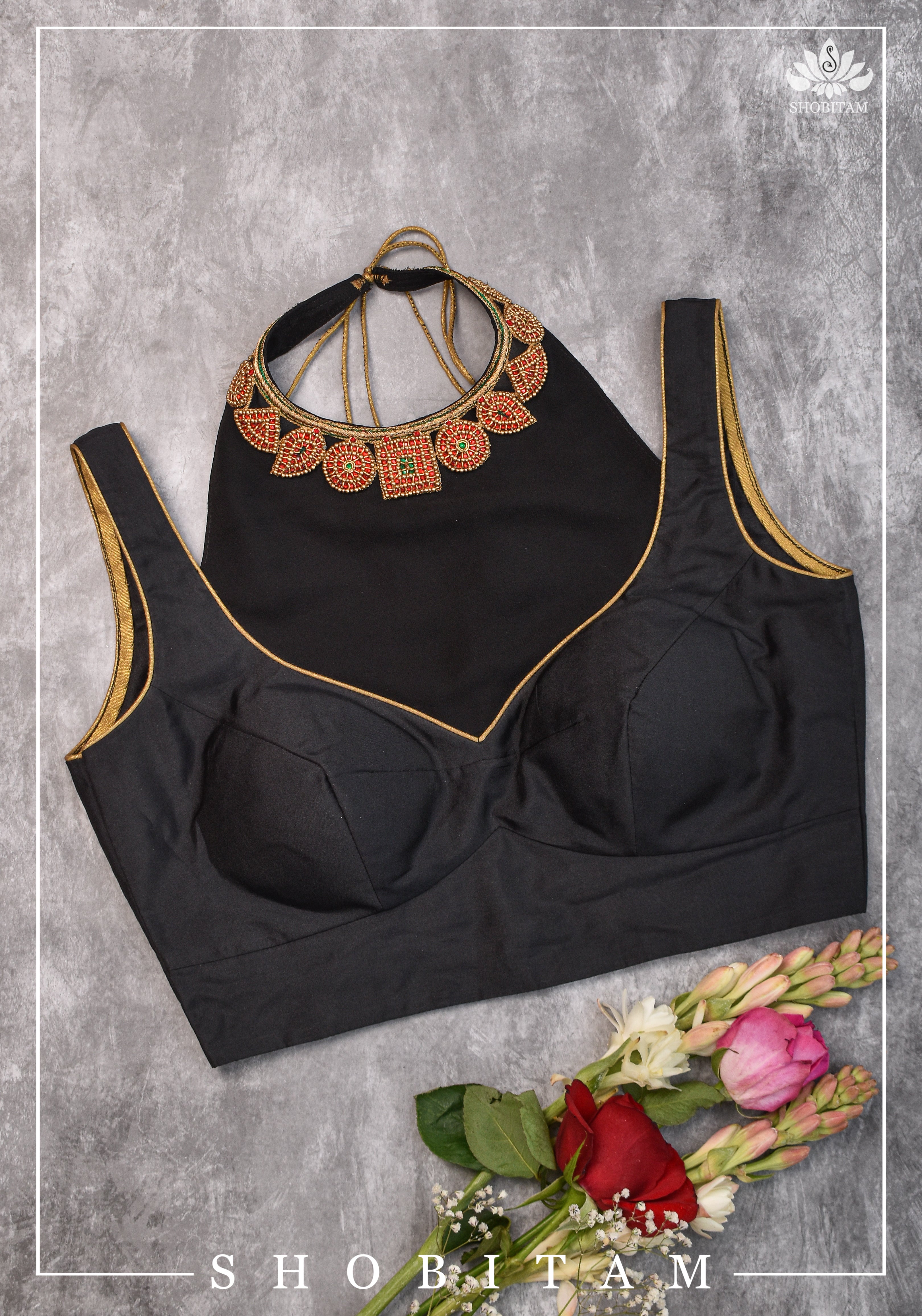 Made to order: Necklace Design Jadau Ornamental Blouse with Georgette Yoke in Black