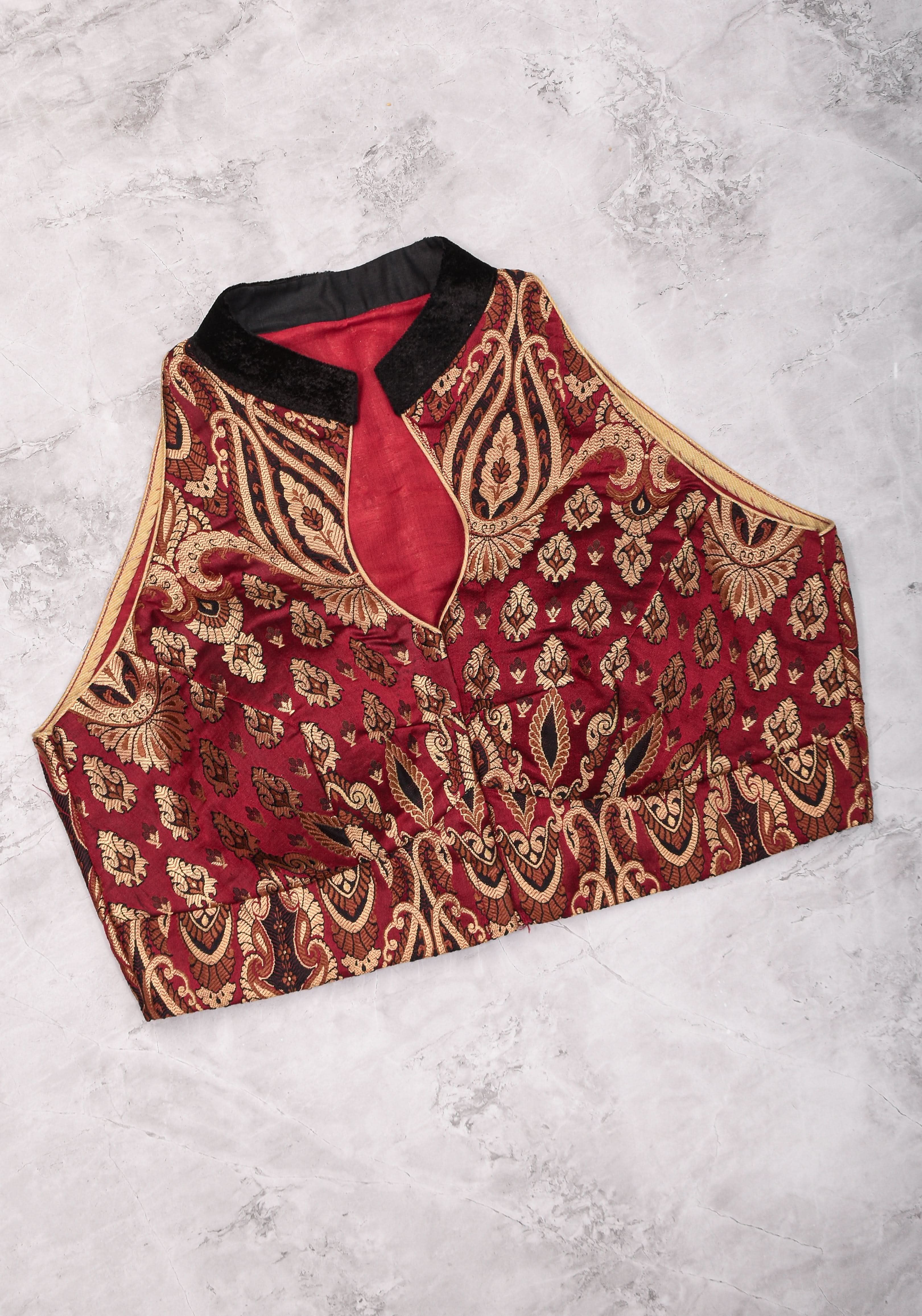 Size 38 Banarasi Red, Black and Gold Blouse with Collar and Raglan Shoulders | Shobitam Blouse