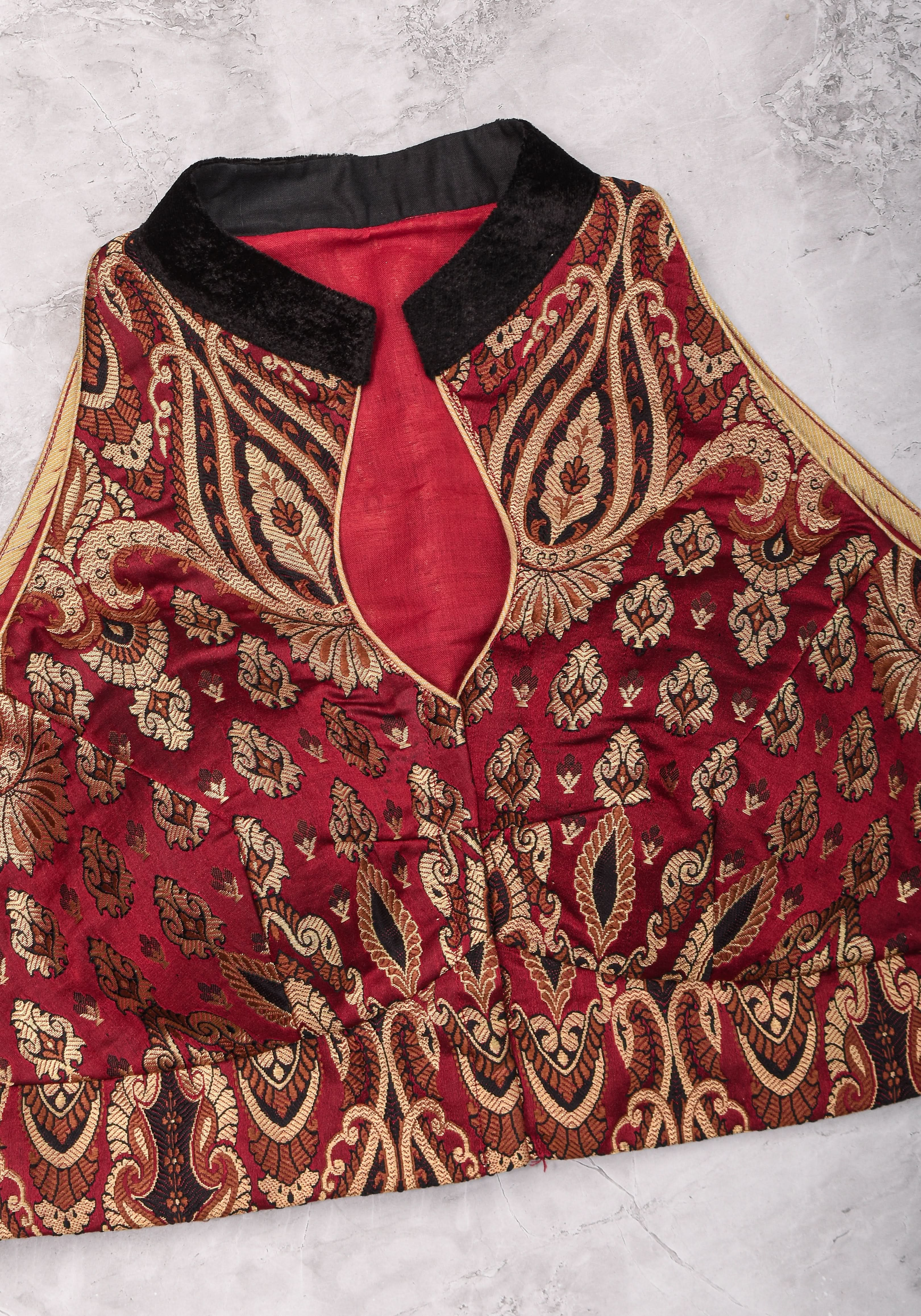 Size 38 Banarasi Red, Black and Gold Blouse with Collar and Raglan Shoulders | Shobitam Blouse