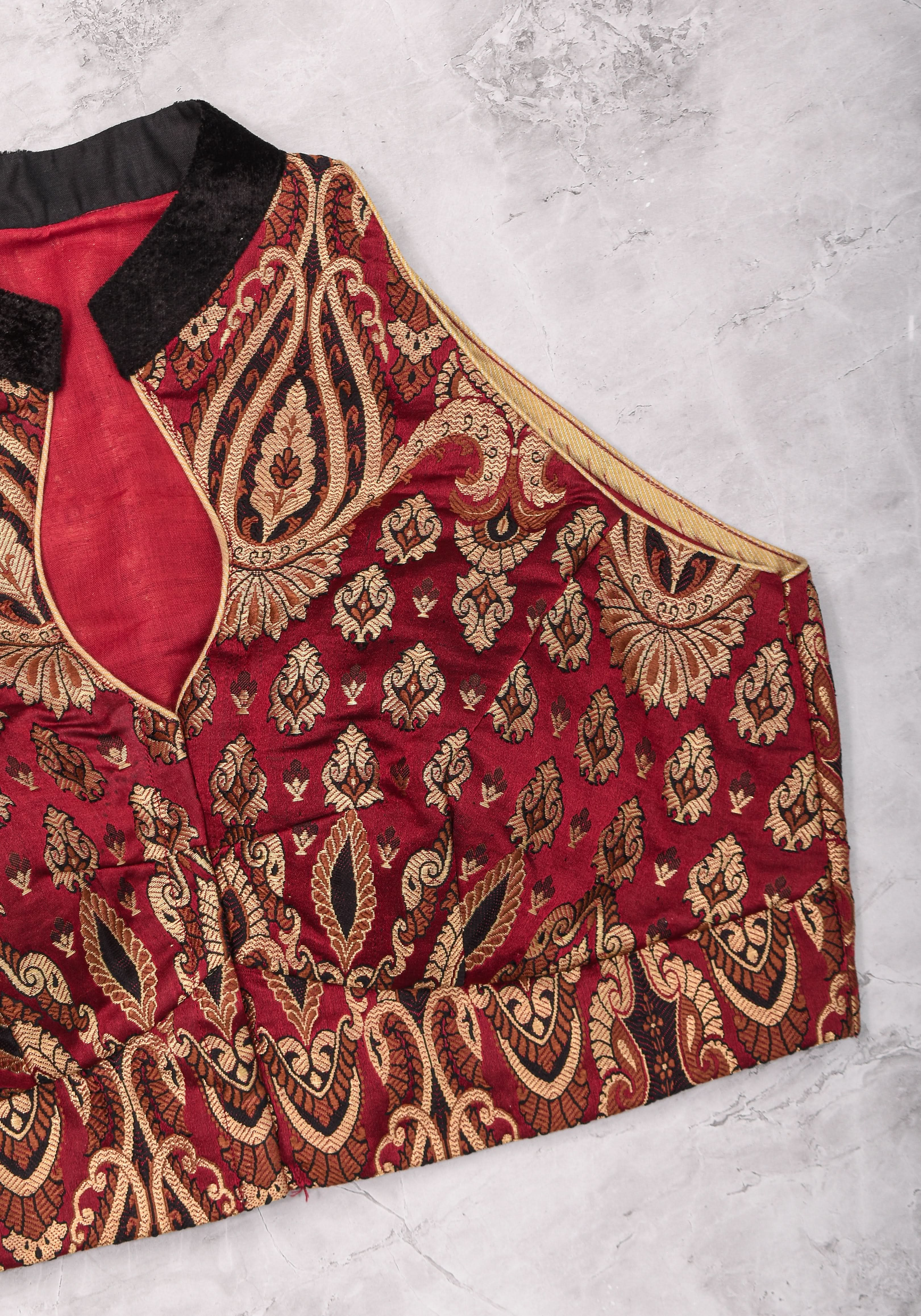 Size 38 Banarasi Red, Black and Gold Blouse with Collar and Raglan Shoulders | Shobitam Blouse