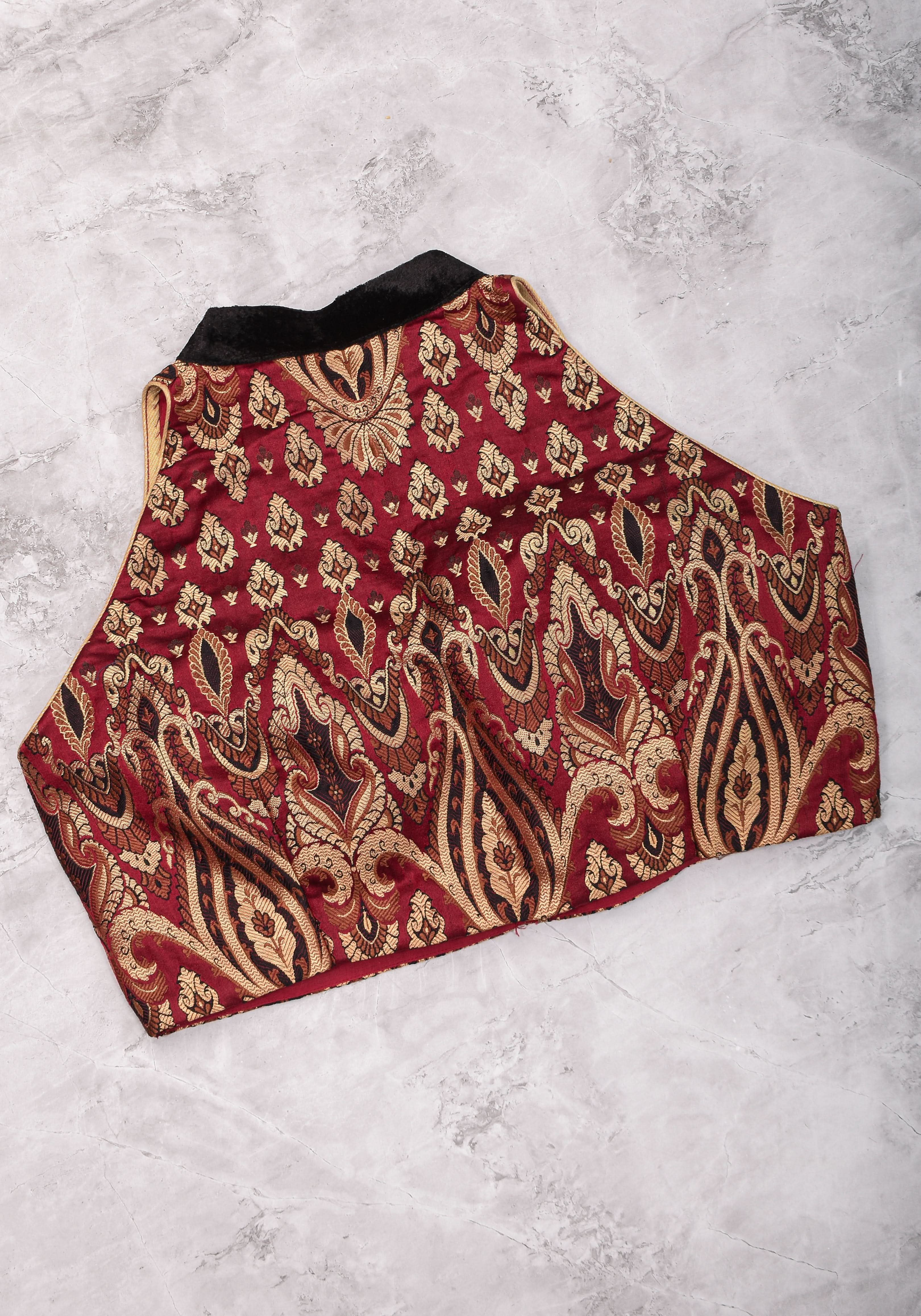 Size 38 Banarasi Red, Black and Gold Blouse with Collar and Raglan Shoulders | Shobitam Blouse