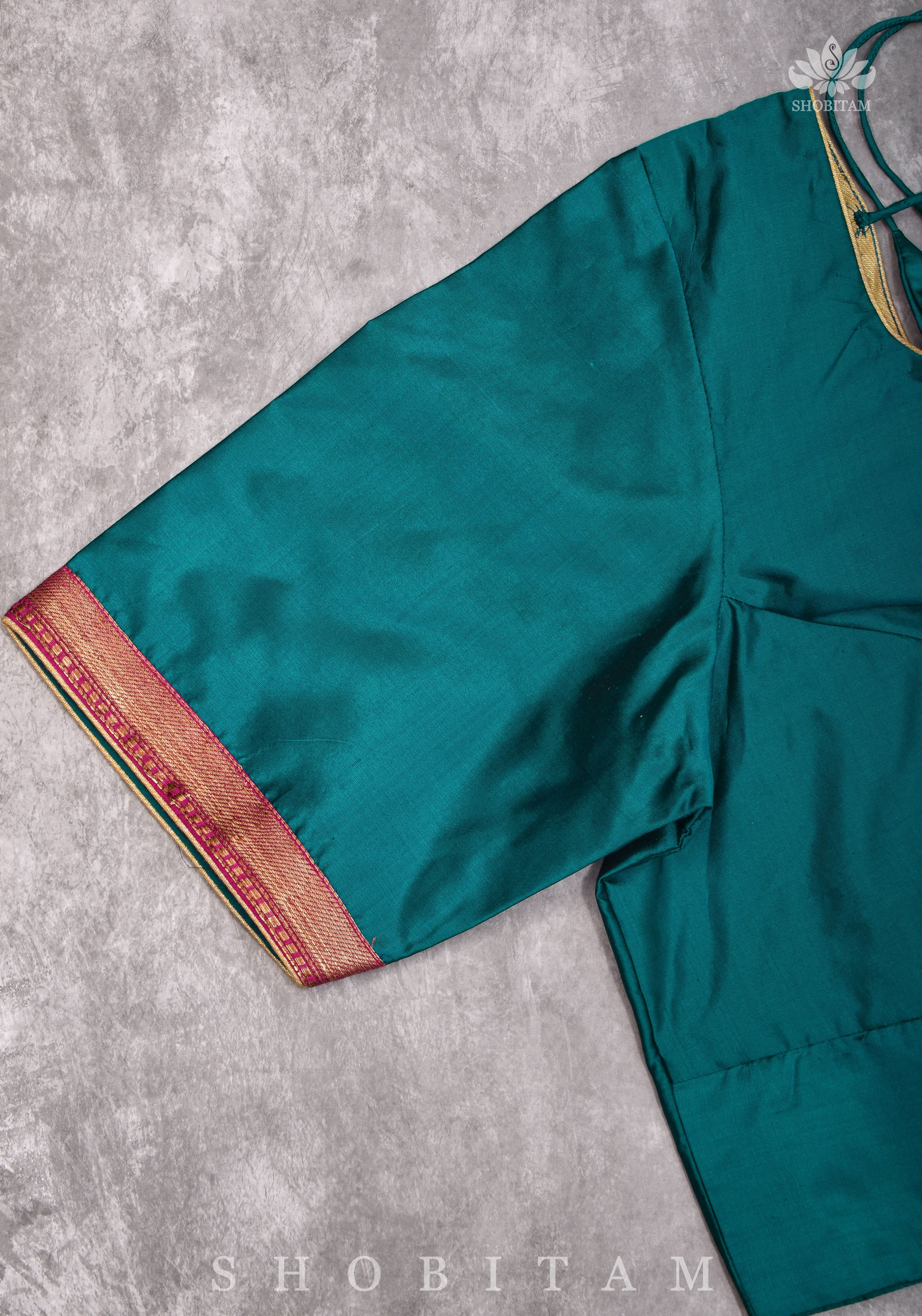 Size 44 Readymade Silk Blouse with U neck, in Dual Tone Peacock Blue & Green Shade