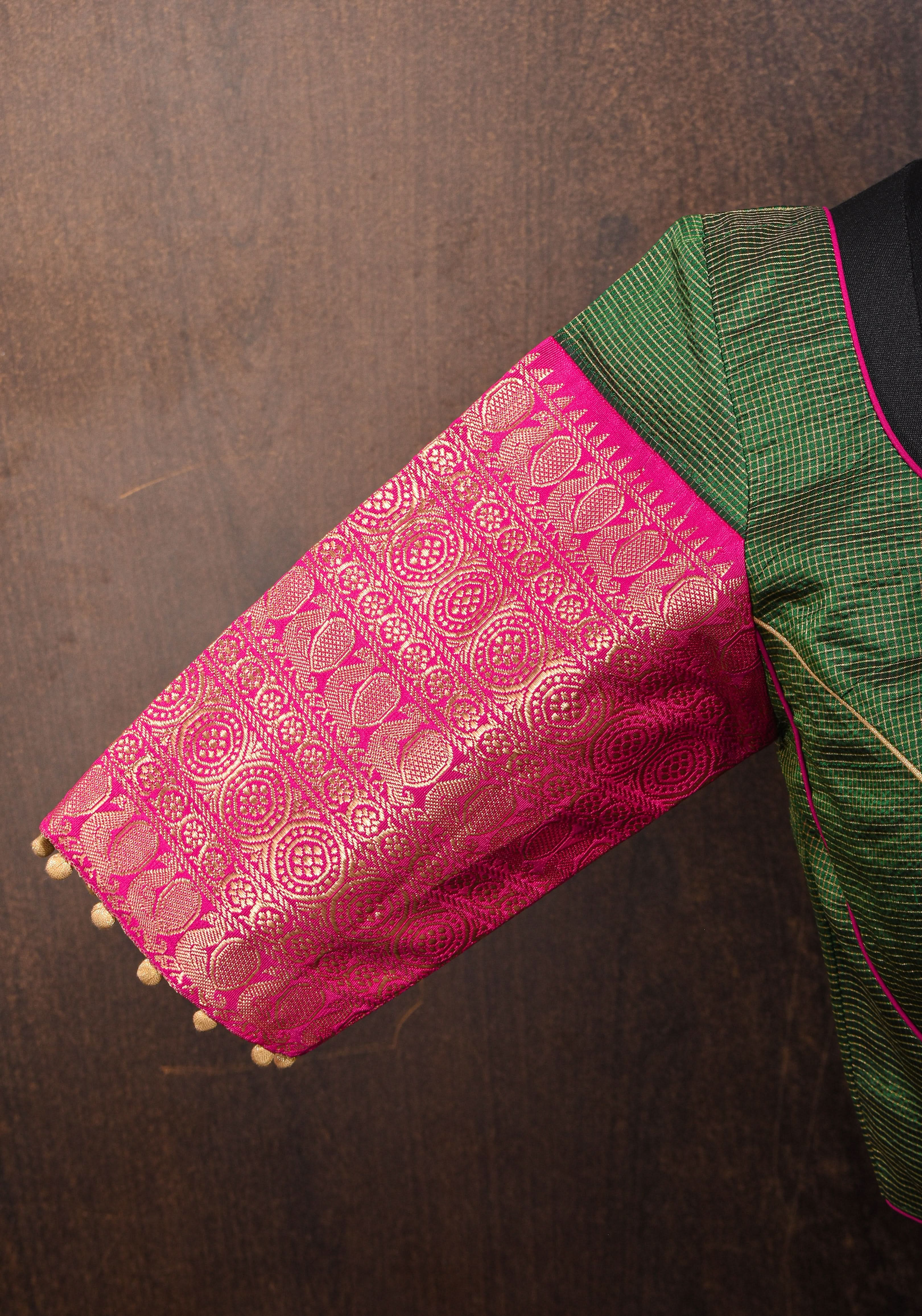 Kanjivaram Silk Blouse with Zari Checks detailing and wide Pink Border