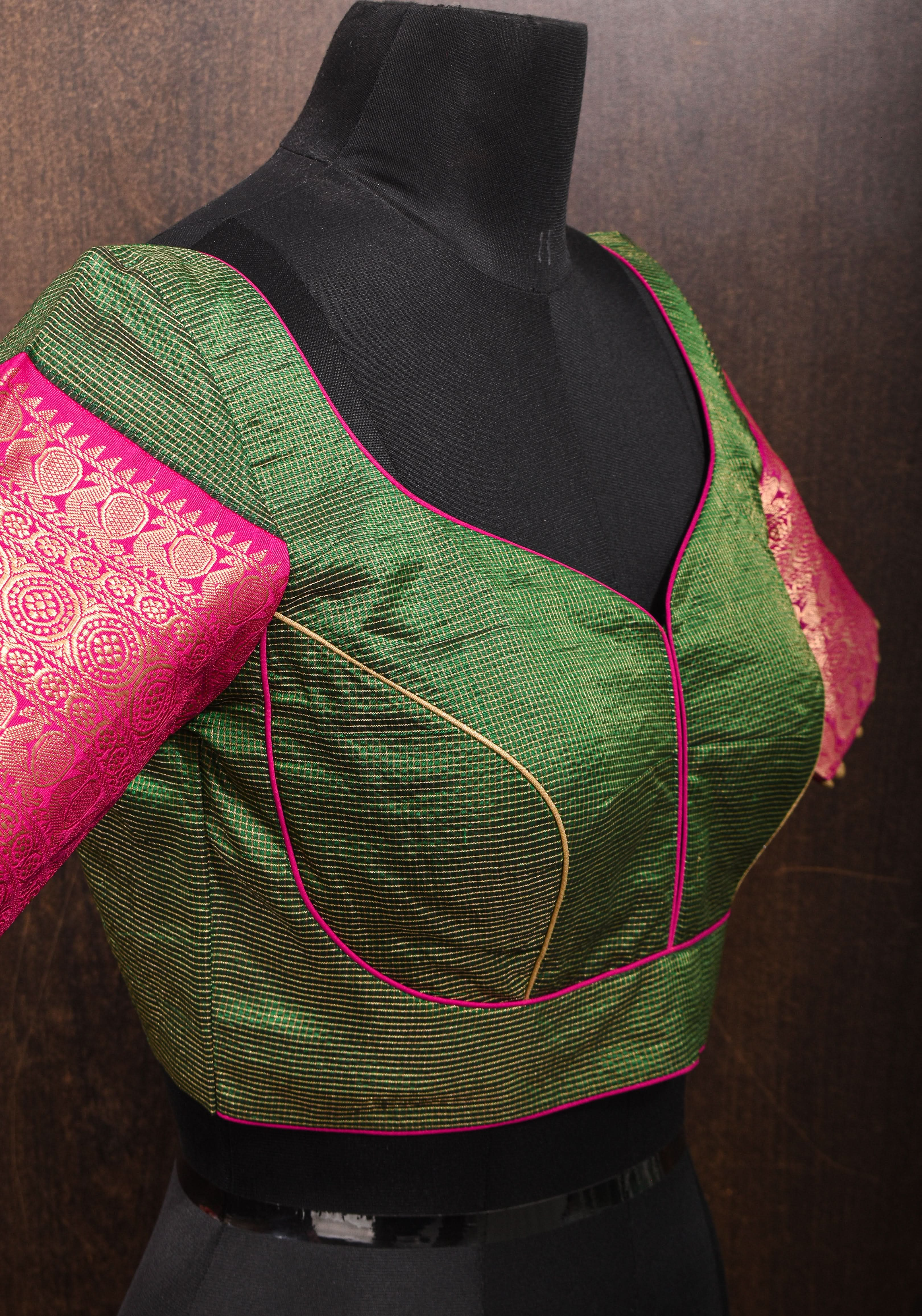 Kanjivaram Silk Blouse with Zari Checks detailing and wide Pink Border