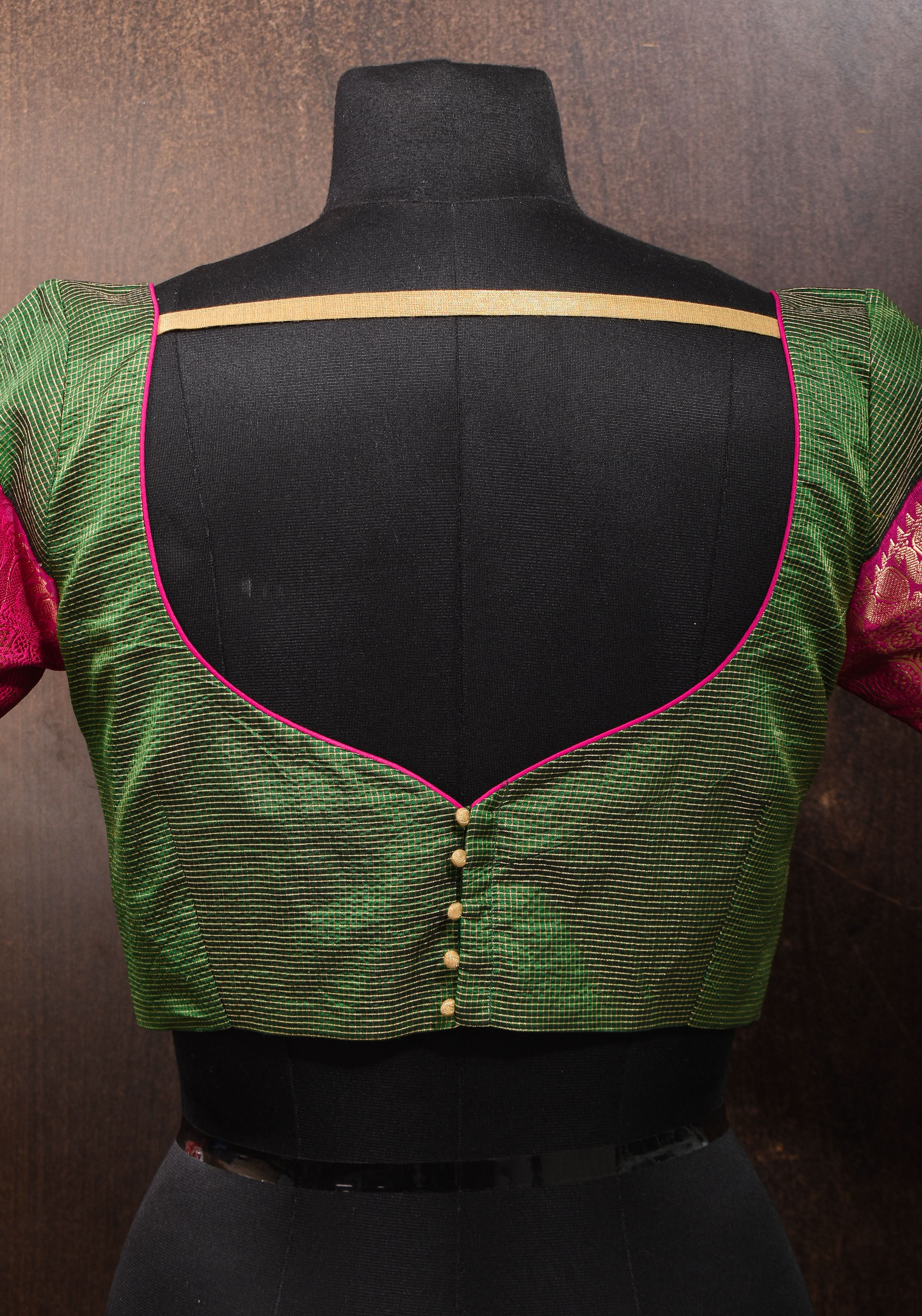 Kanjivaram Silk Blouse with Zari Checks detailing and wide Pink Border