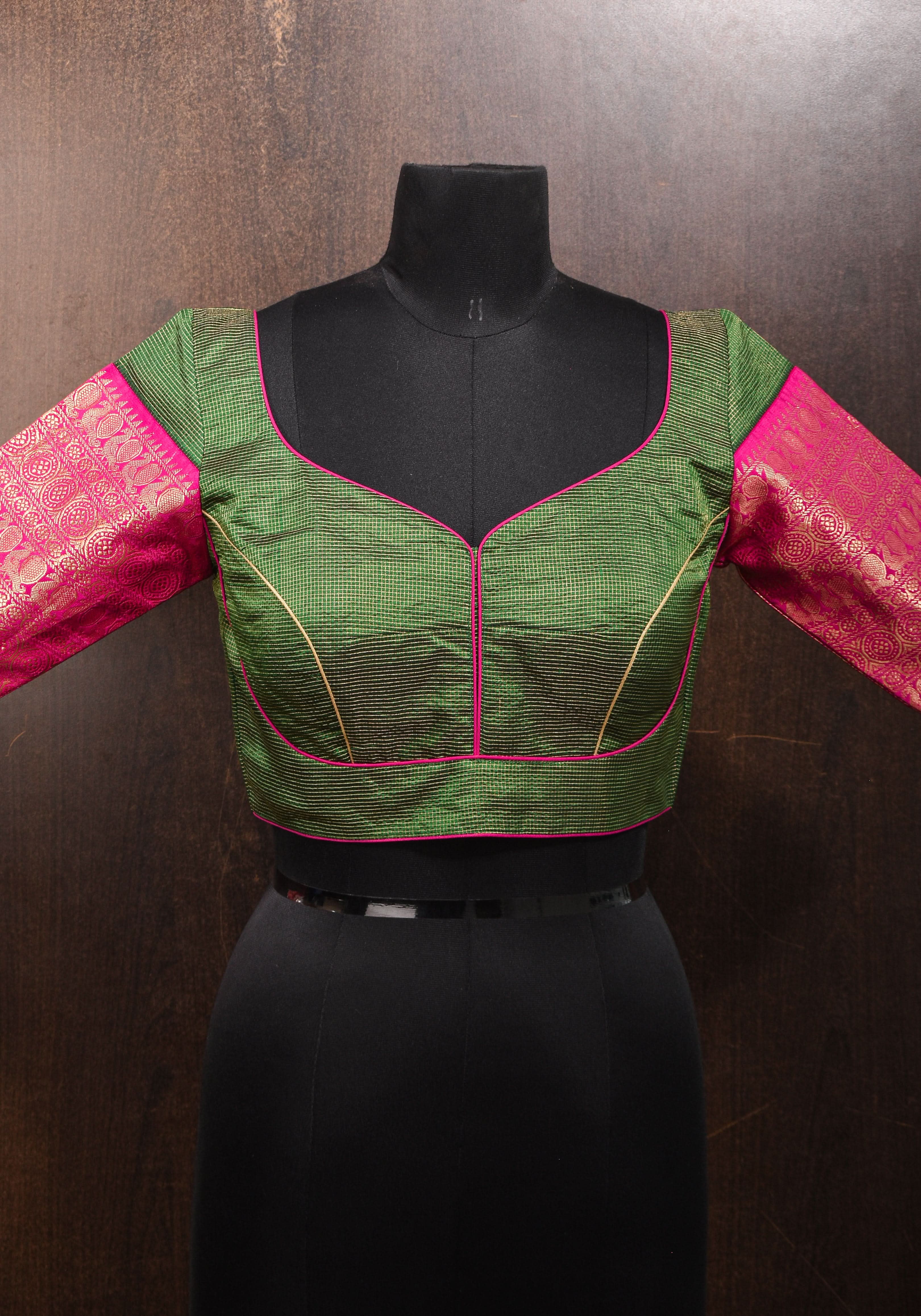 Kanjivaram Silk Blouse with Zari Checks detailing and wide Pink Border