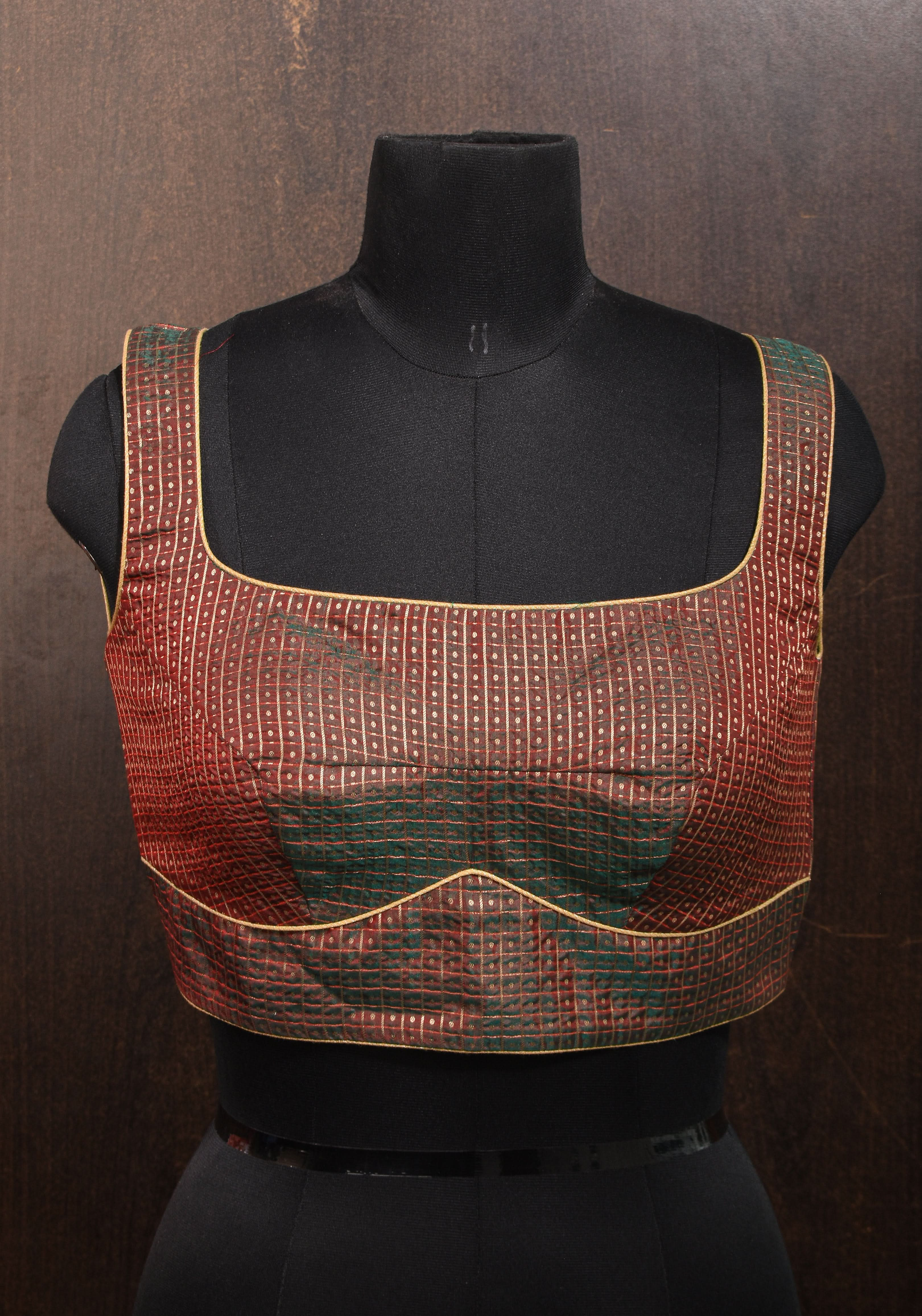 Green Red Dual Tone Kanjivaram Silk Scoop Neck Blouse with Zari Checks