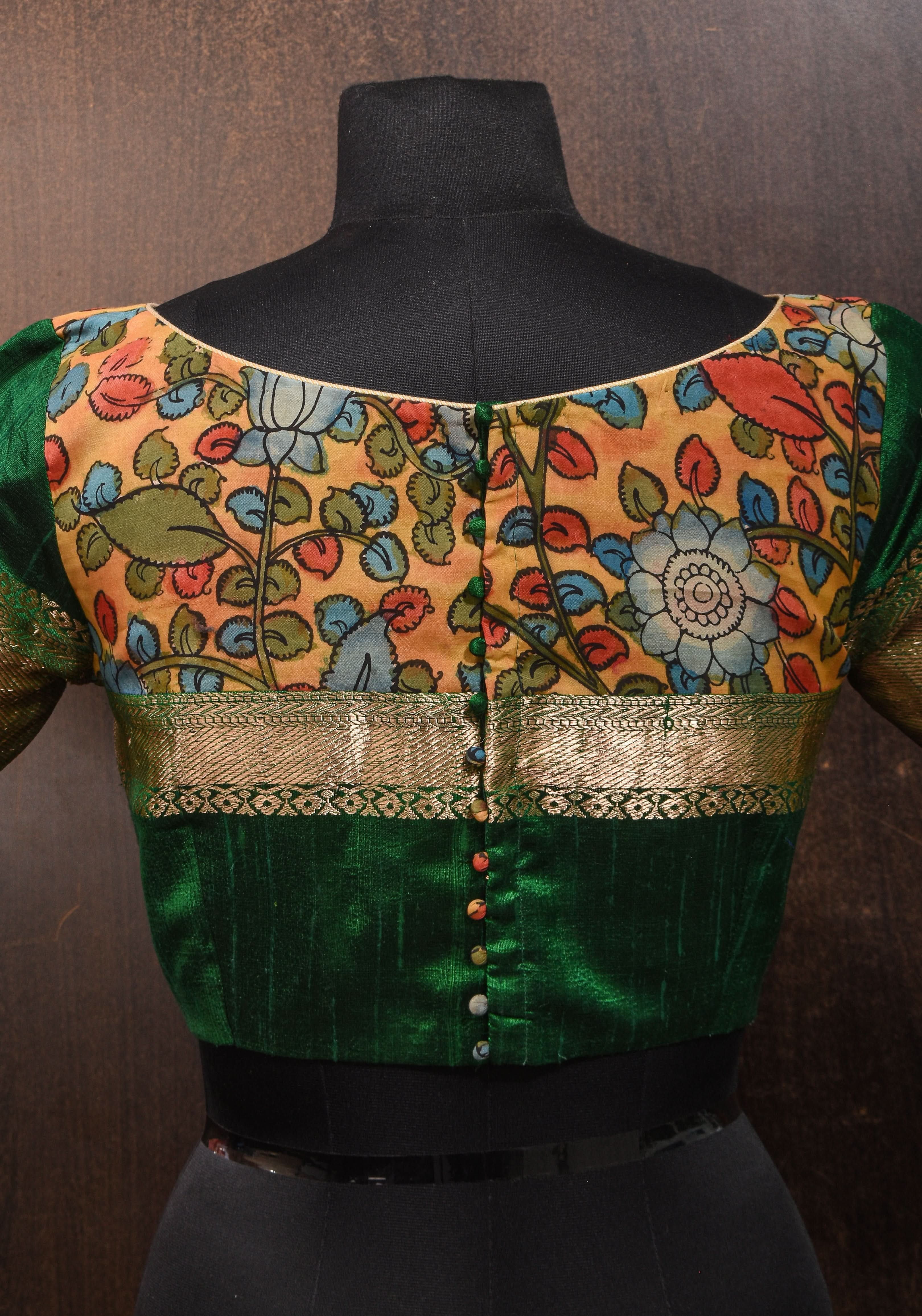 Pure Raw Silk Blouse in Emerlad Green with Kalamkari Yoke Cutout pattern