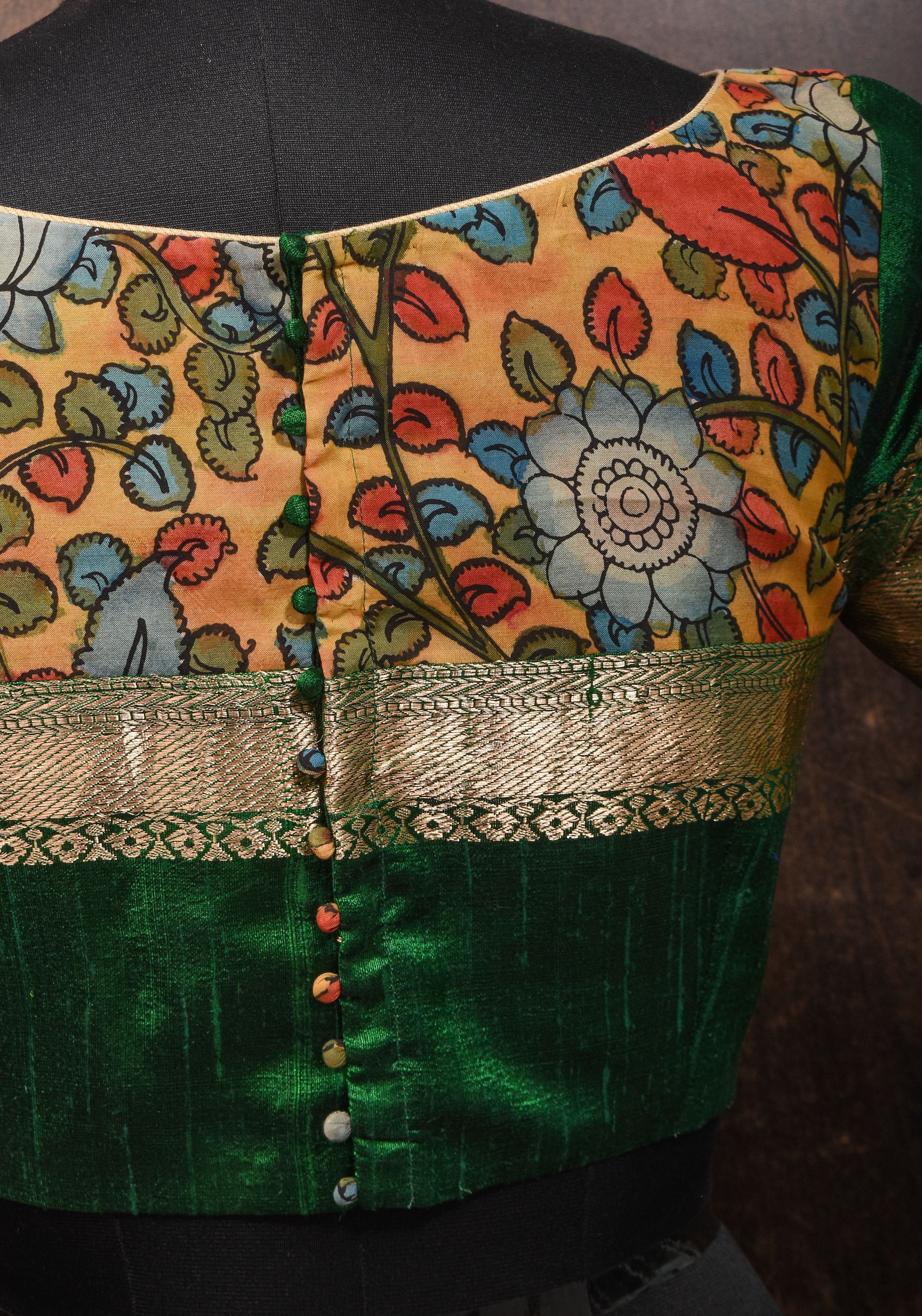 Pure Raw Silk Blouse in Emerlad Green with Kalamkari Yoke Cutout pattern