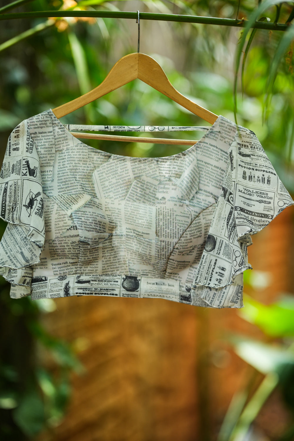 Newspaper Print Blouse with Ruffle Sleeves in Georgette