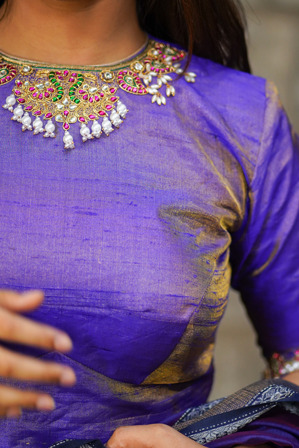 Guttapusalu and bajuband handwork on exotic Pure Tissue Raw Silk Blouse in Lilac