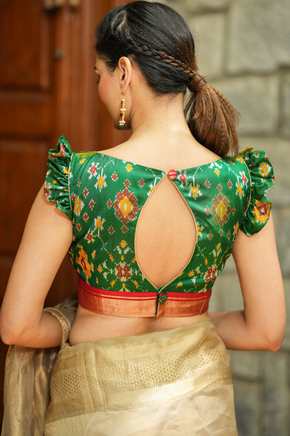 Ikkat Patola Design Pure Silk Blouse with frill detailing, keyhole back in Emerald Green and Red