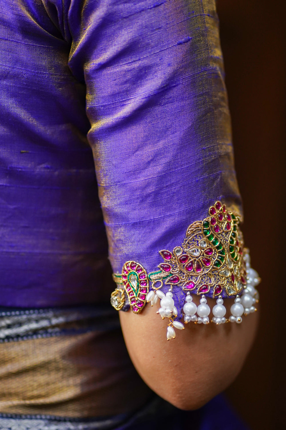 Guttapusalu and bajuband handwork on exotic Pure Tissue Raw Silk Blouse in Lilac