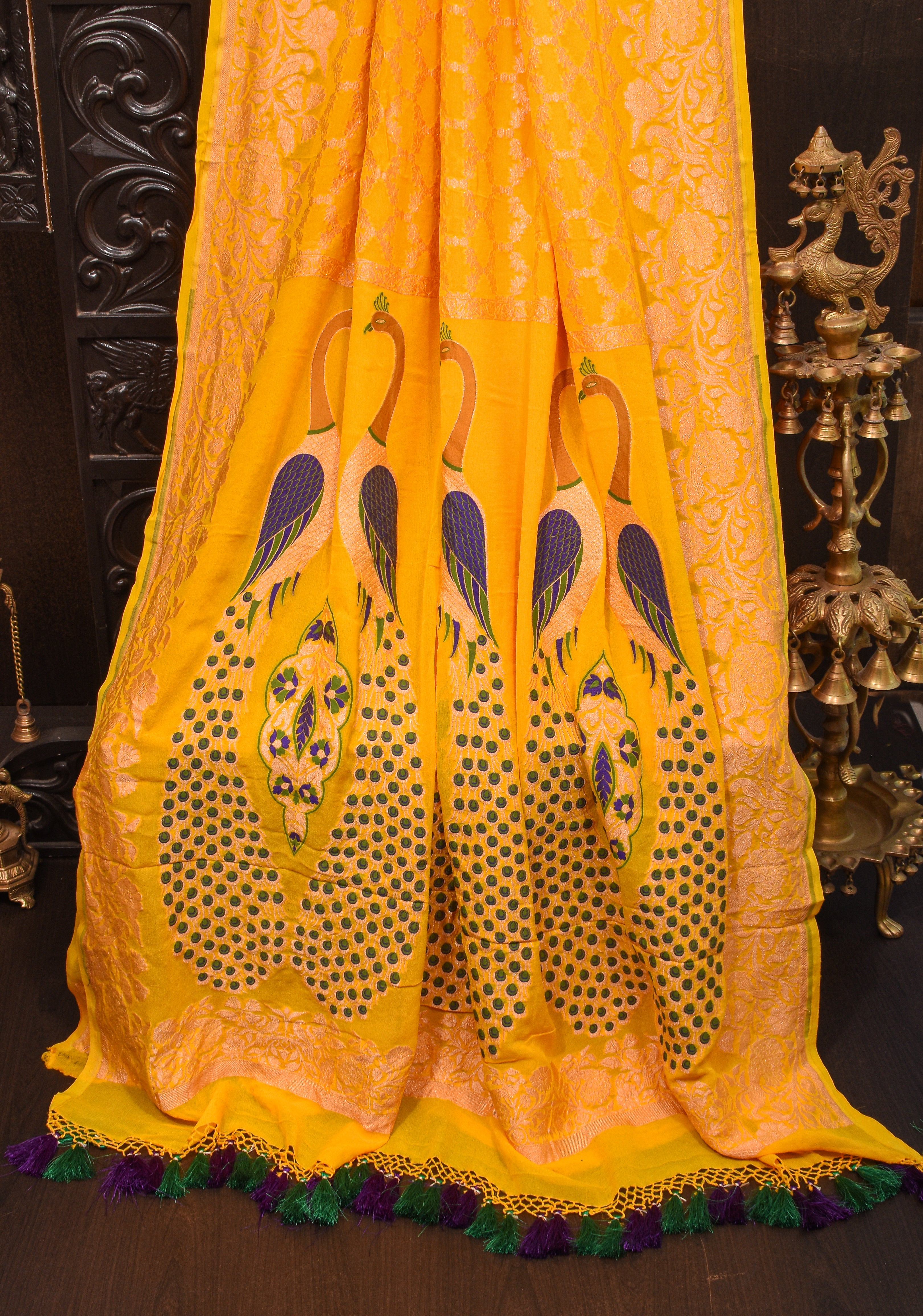 Yellow Banarasi Silk Georgette Saree with Jaal Zari and Resplendent Peacock Meenakari Pallu | SILK MARK CERTIFIED