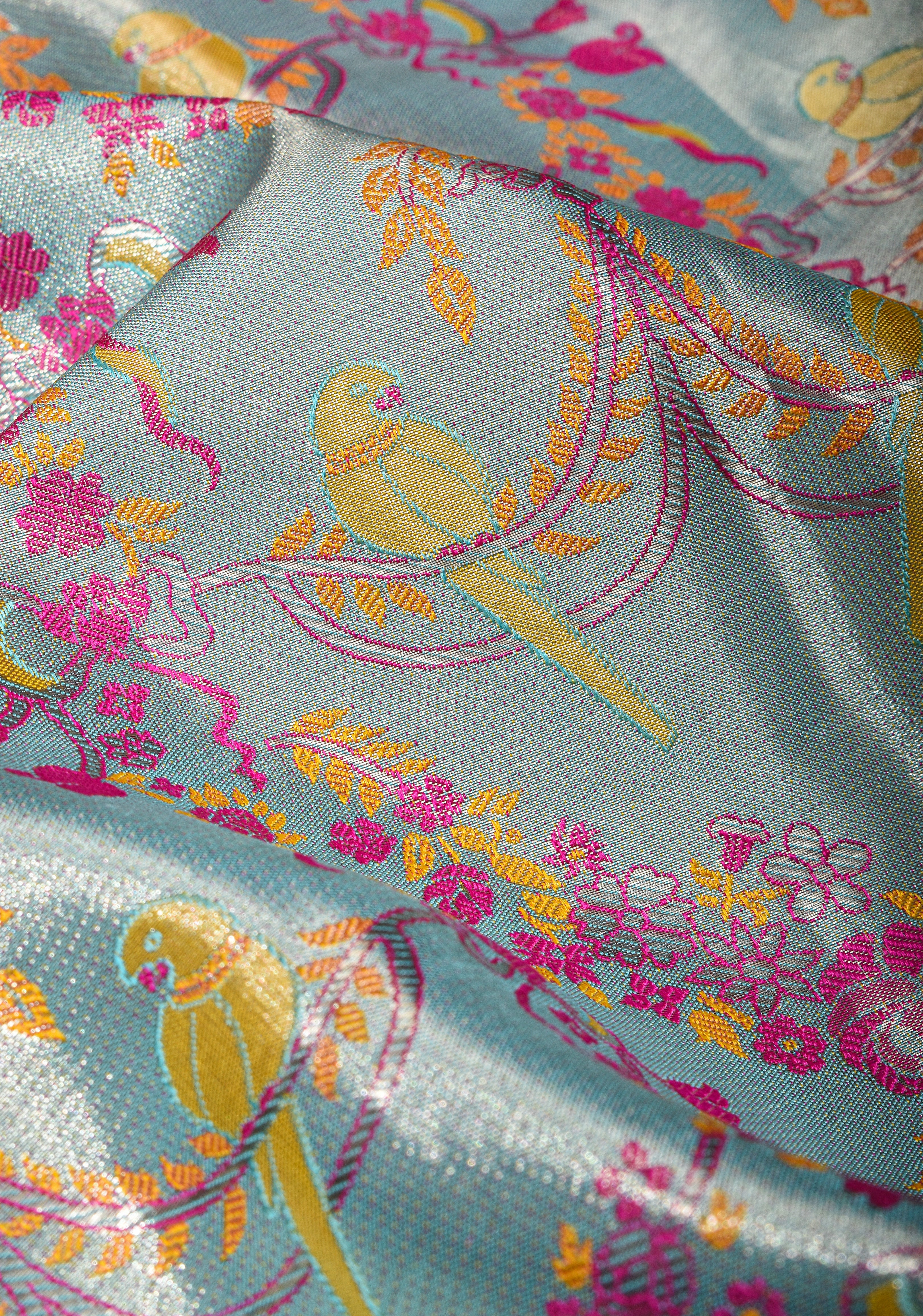 Exquisite Mint Green Tissue Kanjivaram with Meenakari Weave Parrots and Roses pattern | SILK MARK CERTIFIED