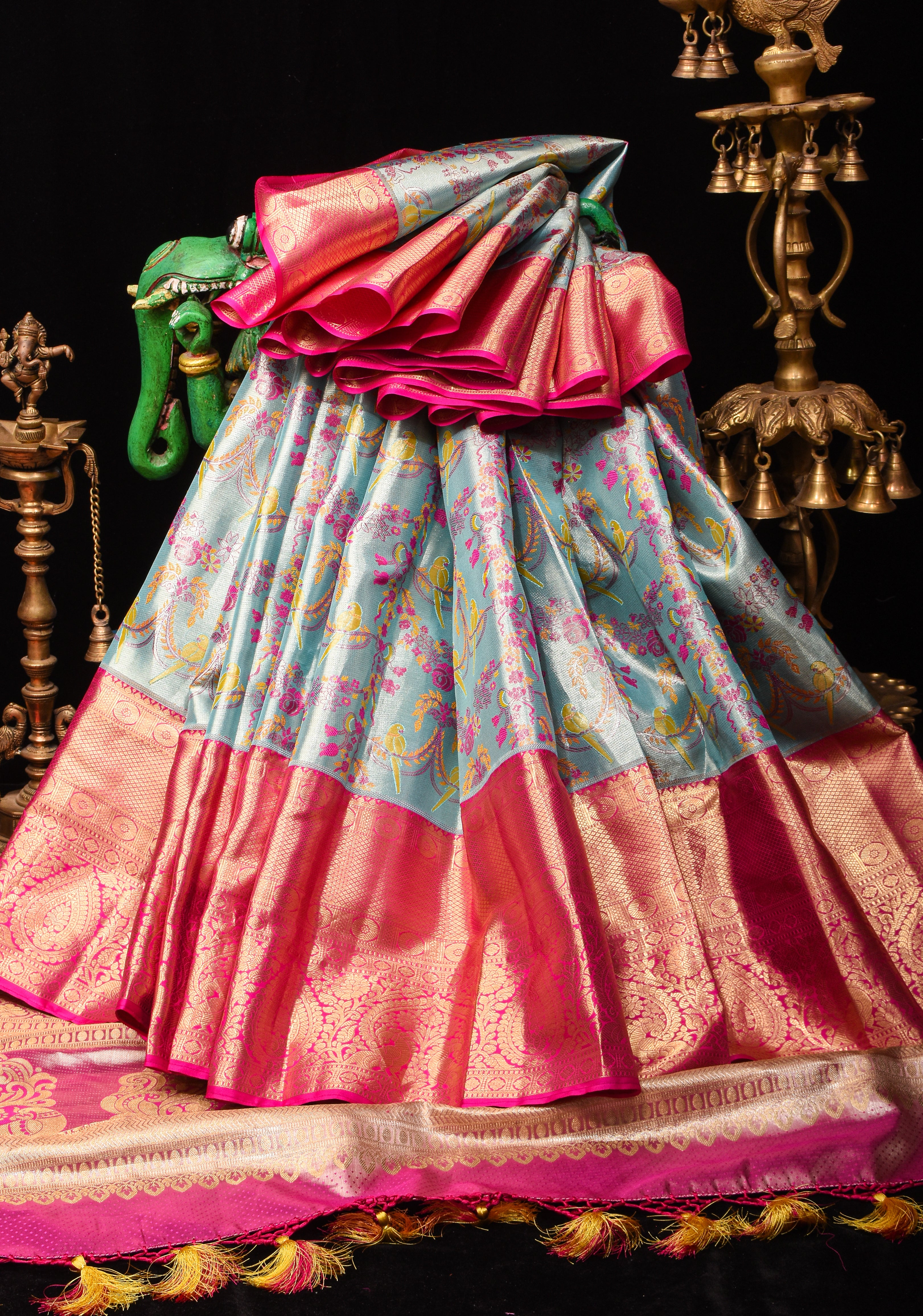 Exquisite Mint Green Tissue Kanjivaram with Meenakari Weave Parrots and Roses pattern | SILK MARK CERTIFIED