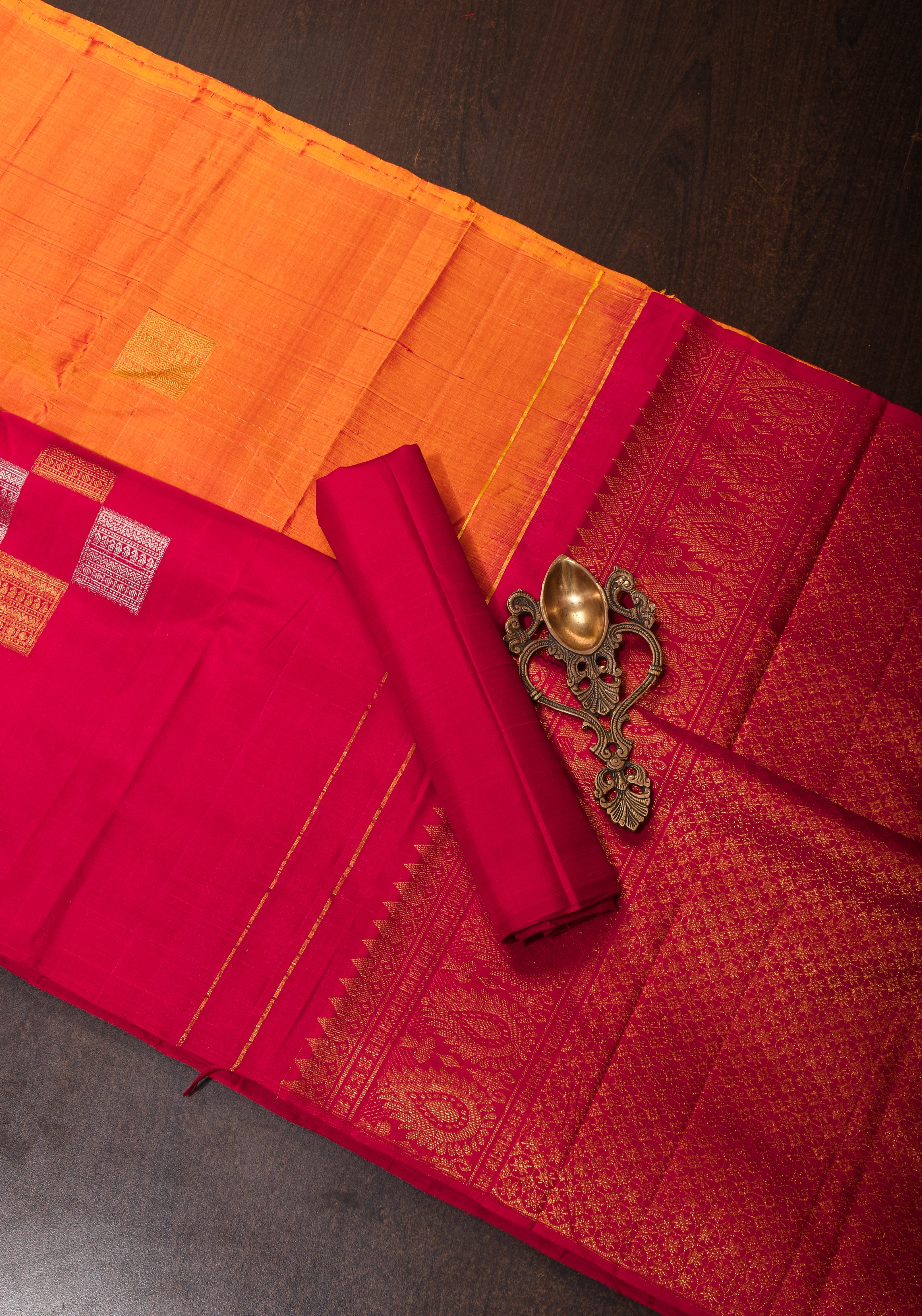 Orange and Red Half Border Kanjivaram Silk Saree| CERTIFIED SILK