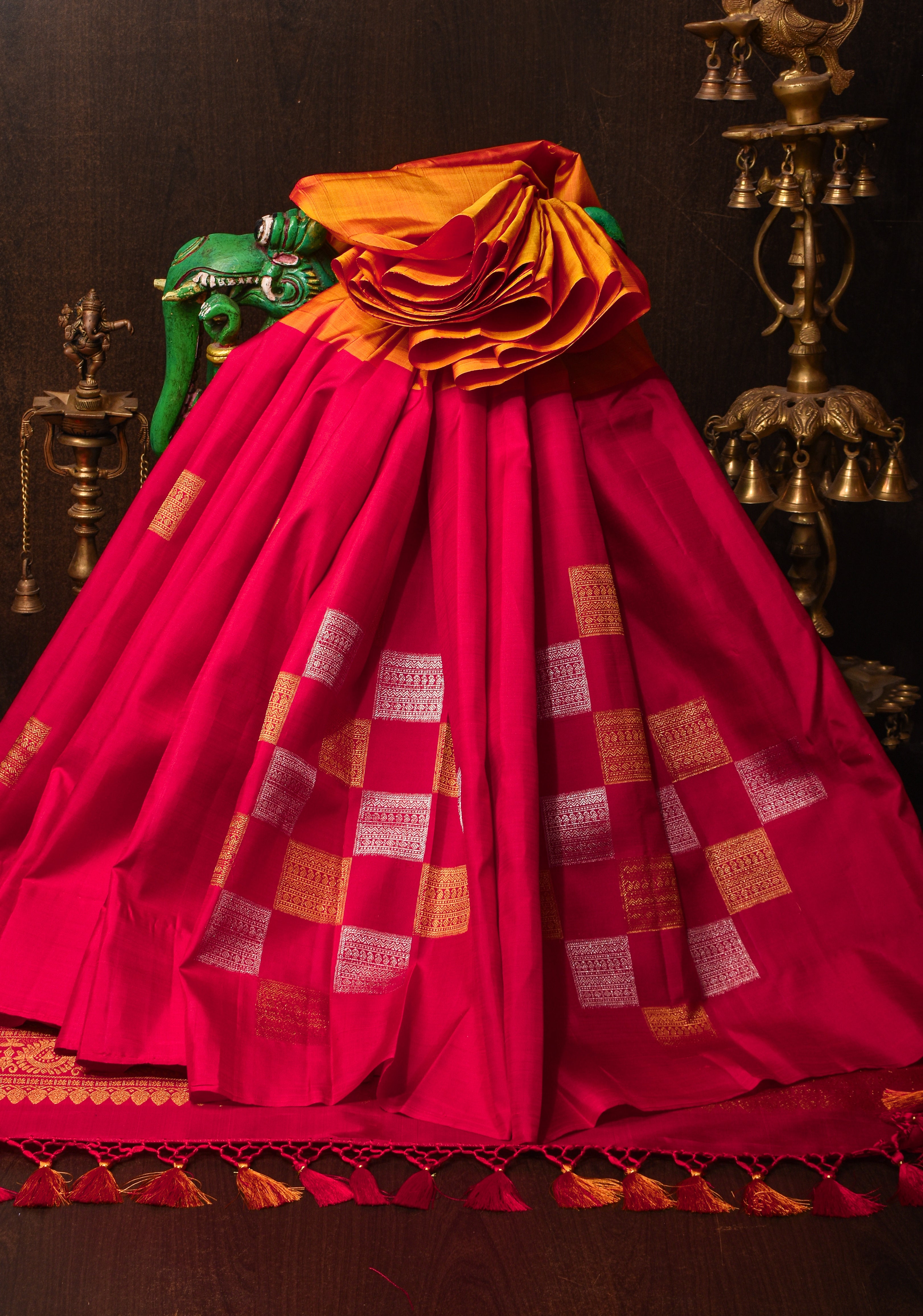 Orange and Red Half Border Kanjivaram Silk Saree| CERTIFIED SILK