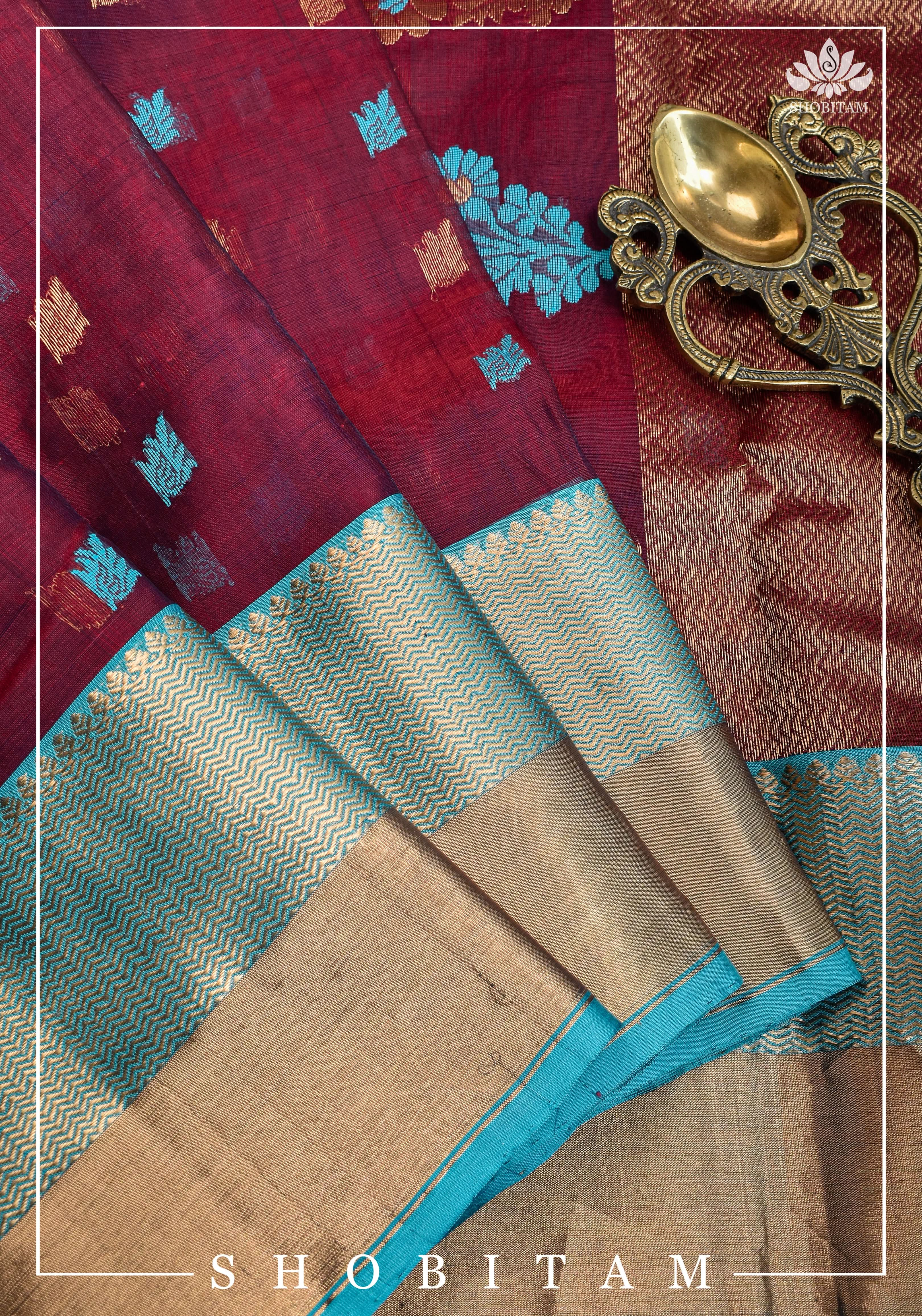 Unique Chanderi Silk saree in Plum with Stacked Sona Rupa Zari Borders | Sarees By shobitam