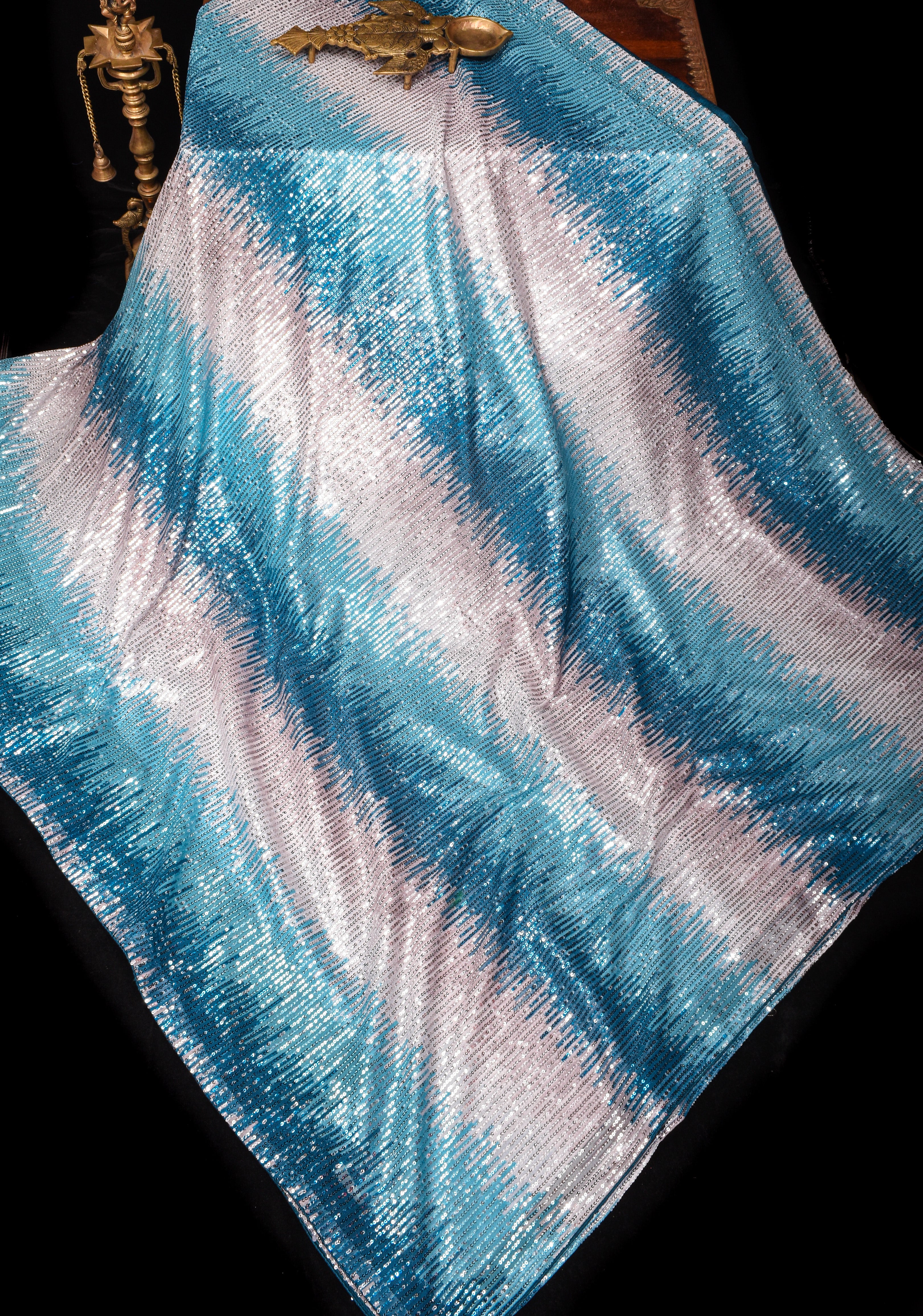 Ombre Teal, Blue, and Silver Sequin on Net Saree