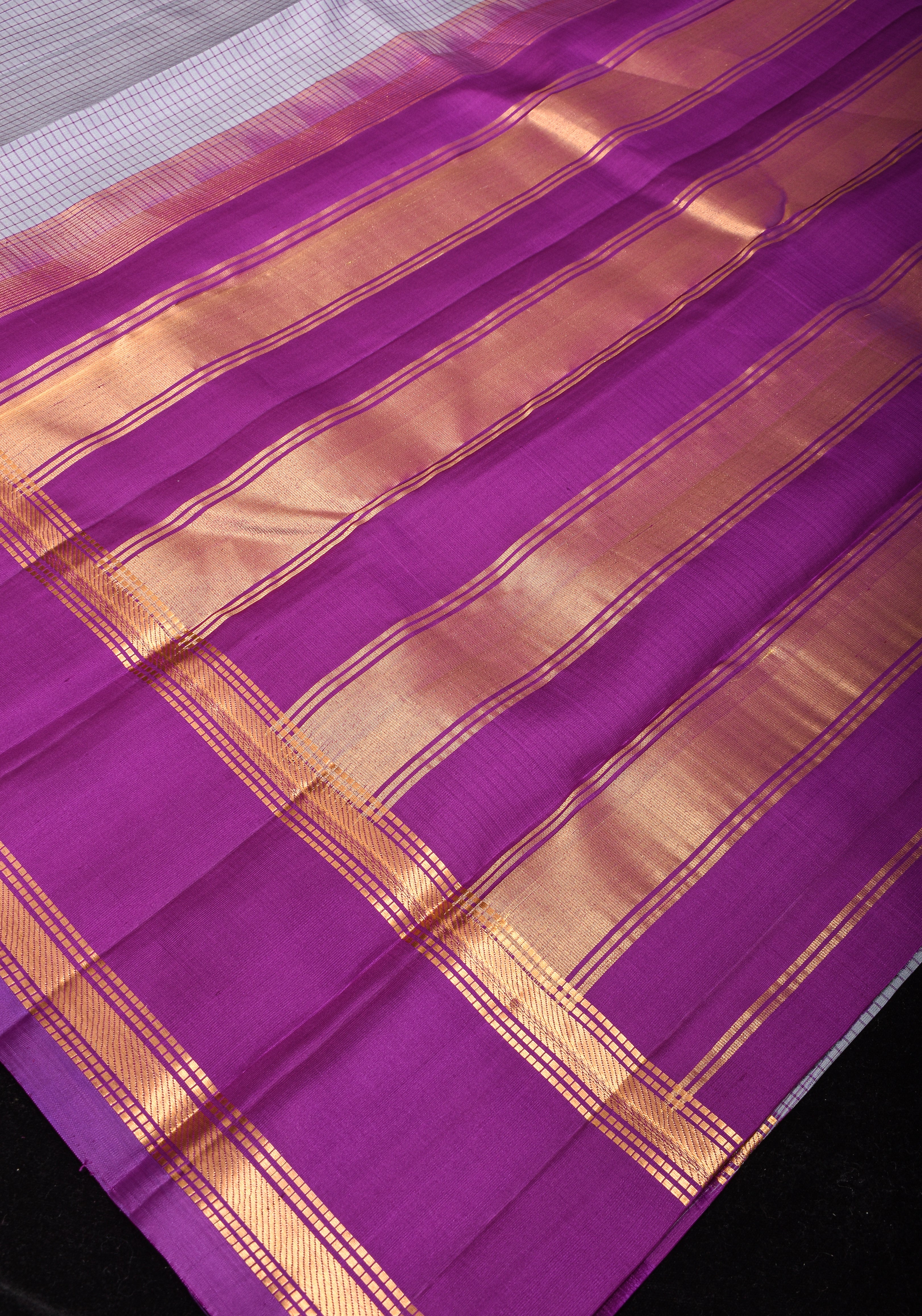 Gray Pure Kanjeevaram Soft Silk Saree with Checks and Contrast Purple Stack Border | SILK MARK CERTIFIED