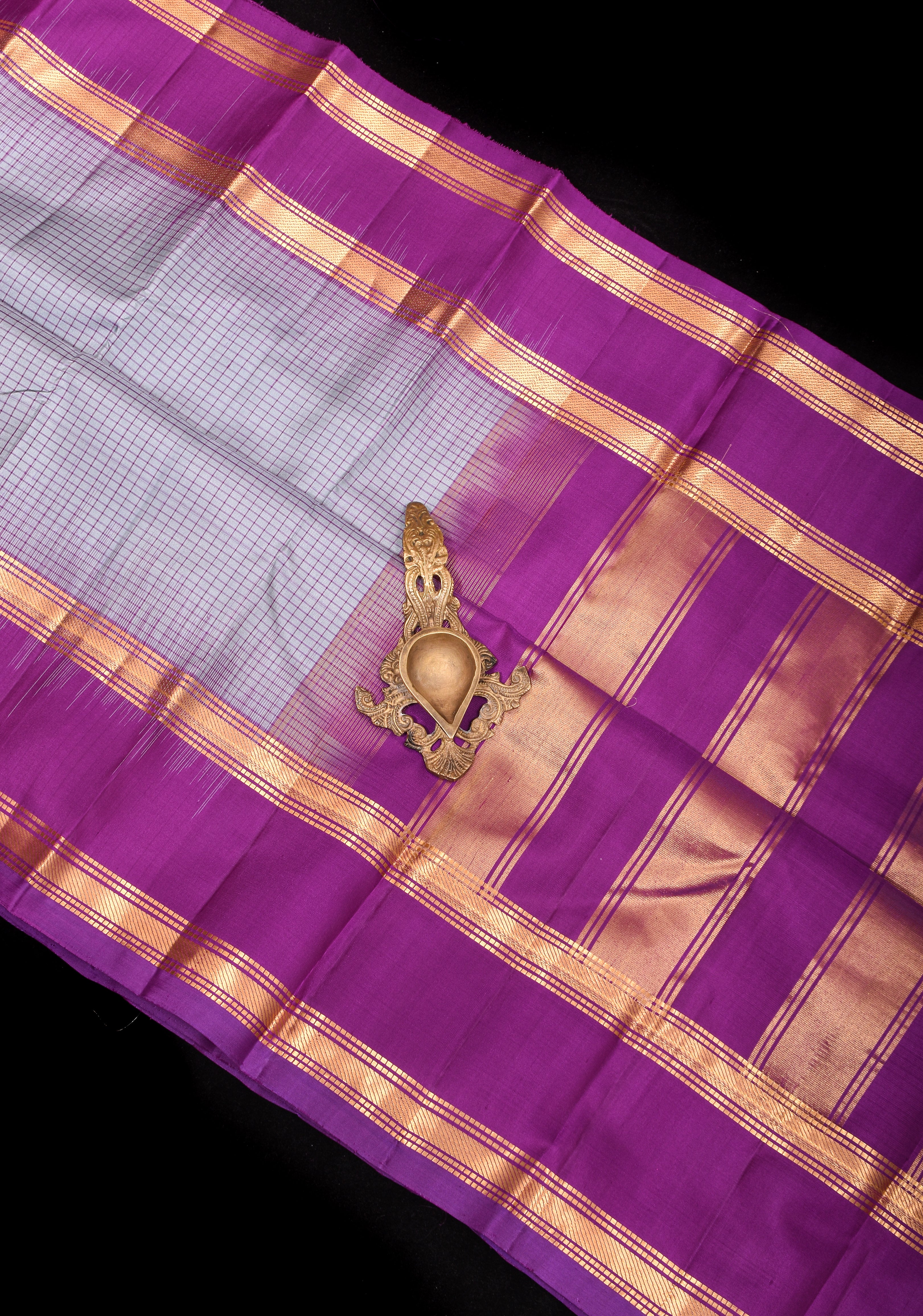 Gray Pure Kanjeevaram Soft Silk Saree with Checks and Contrast Purple Stack Border | SILK MARK CERTIFIED