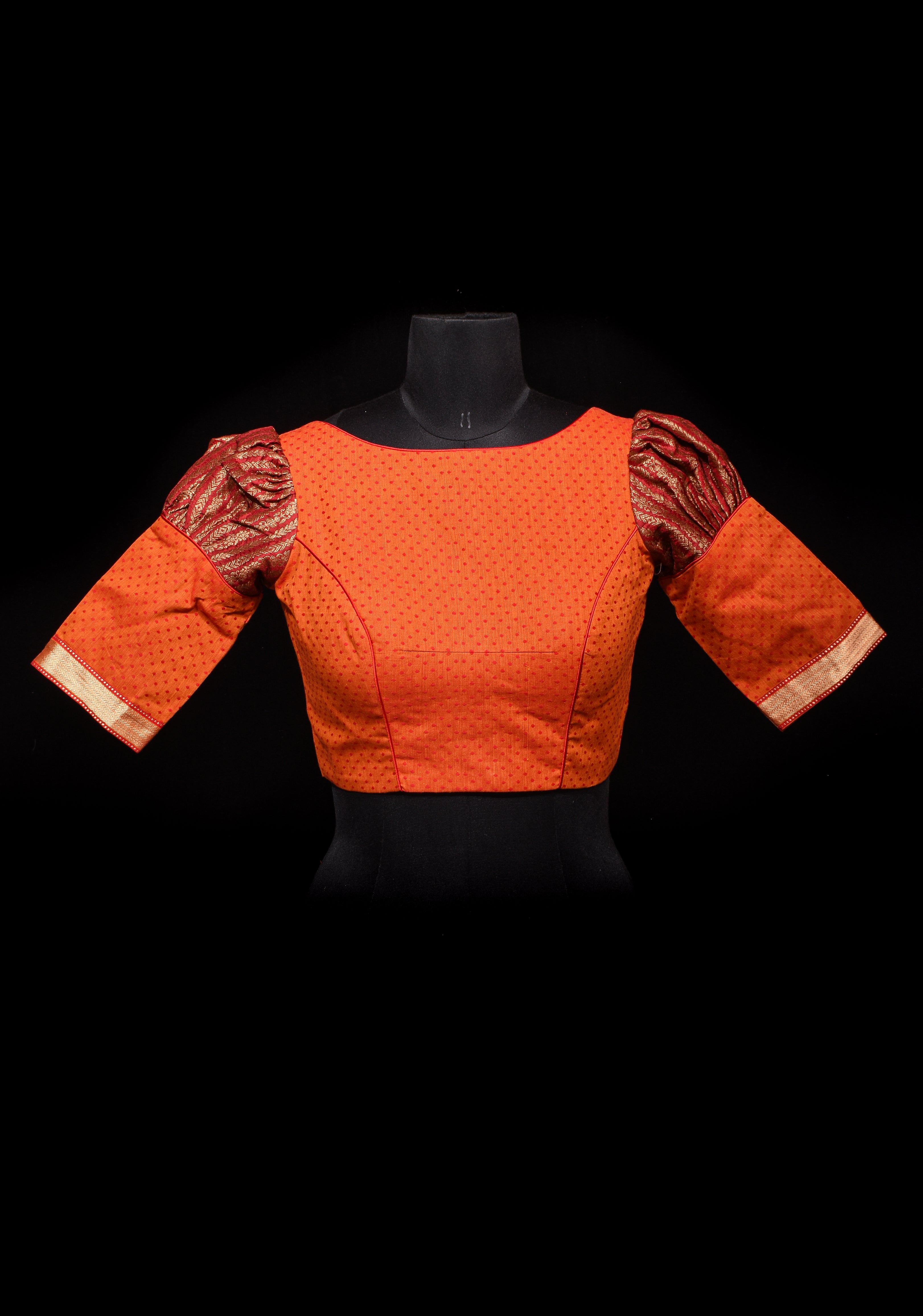 Orange Mangalagiri cotton with Maroon brocade puff sleeve detailing, Customizable, Made to order