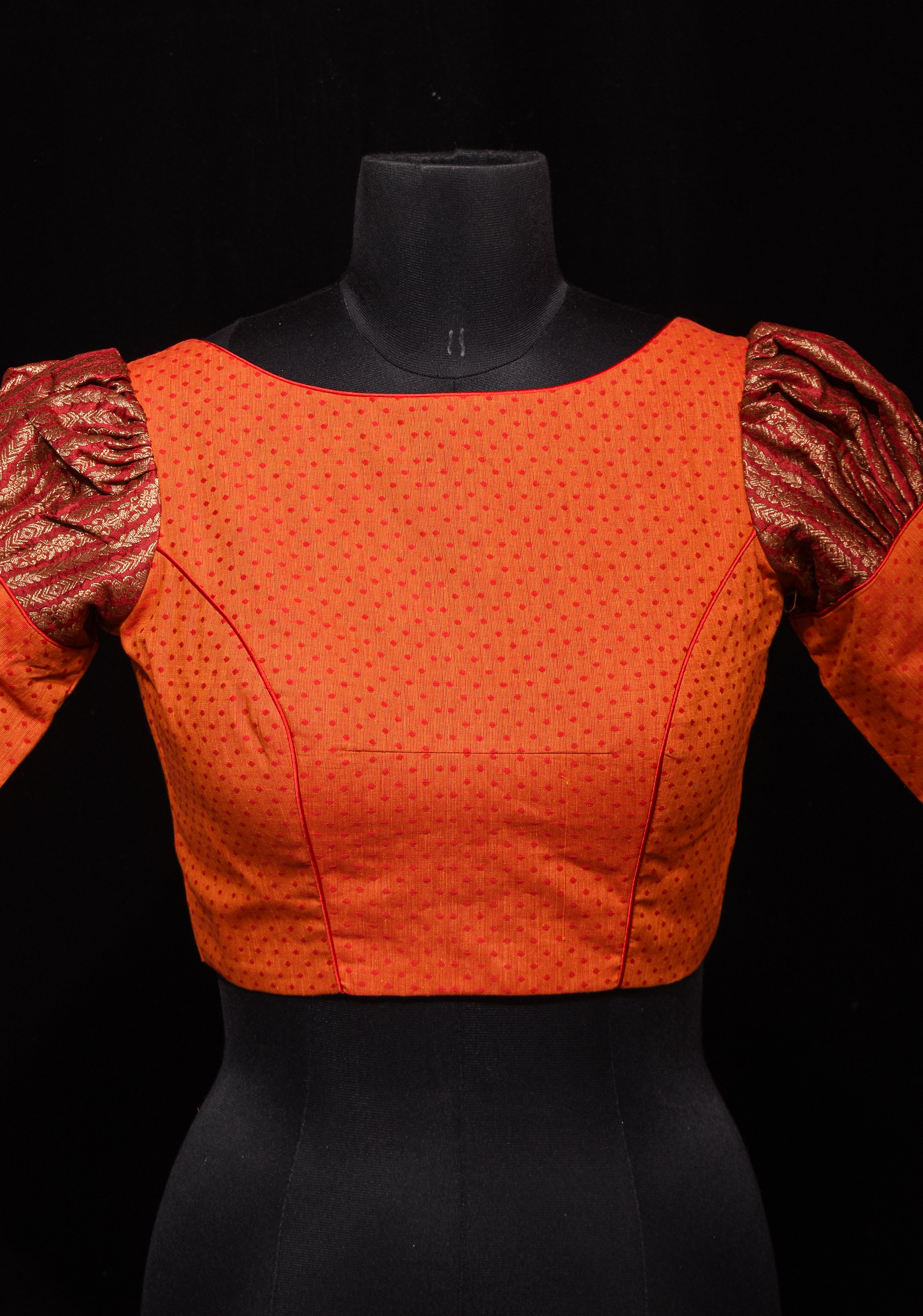 Orange Mangalagiri cotton with Maroon brocade puff sleeve detailing, Customizable, Made to order