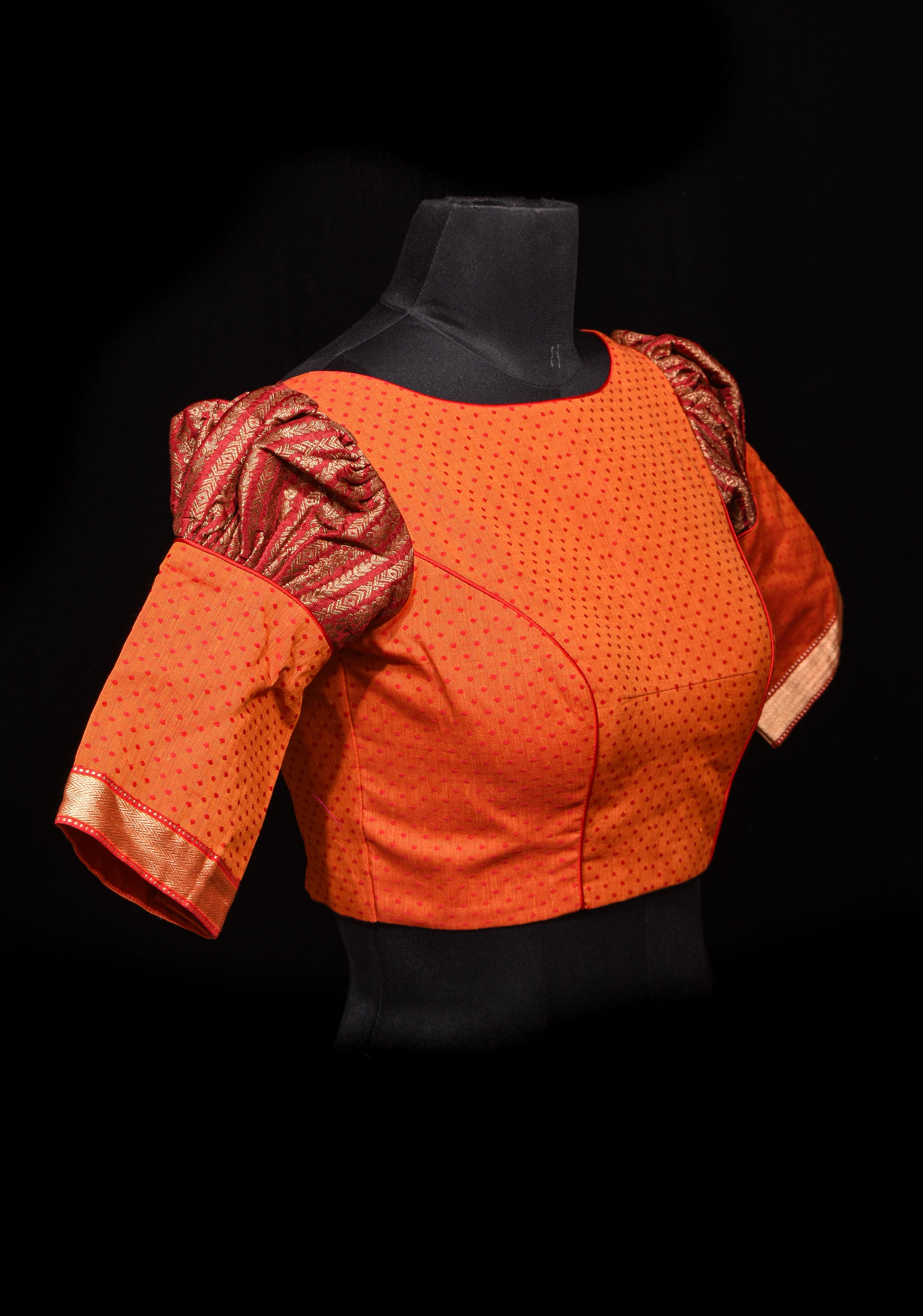 Orange Mangalagiri cotton with Maroon brocade puff sleeve detailing, Customizable, Made to order