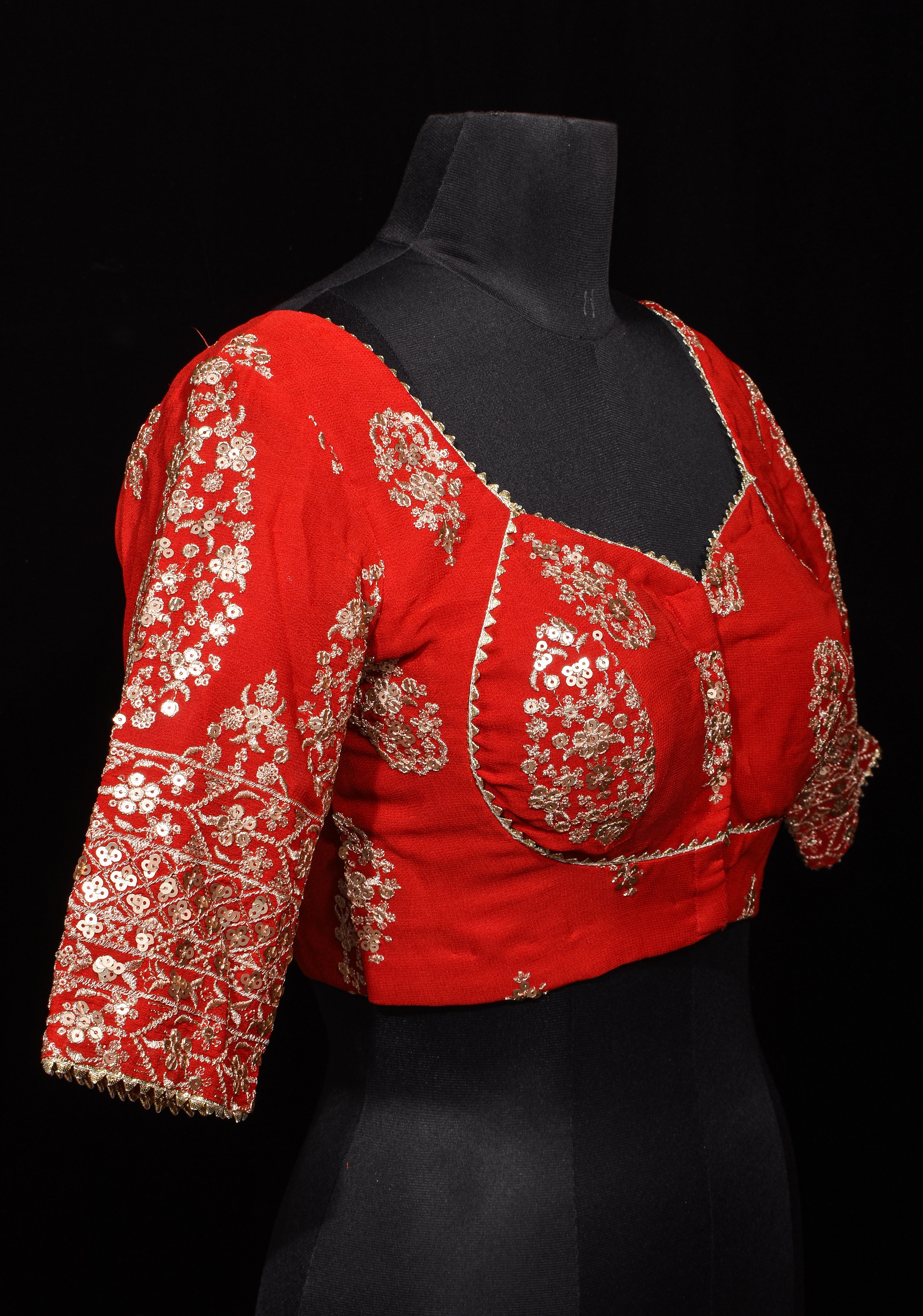 Red and Gold Georgette Blouse with Sequin Work and Gotta Detailing, Customizable, Made to Order