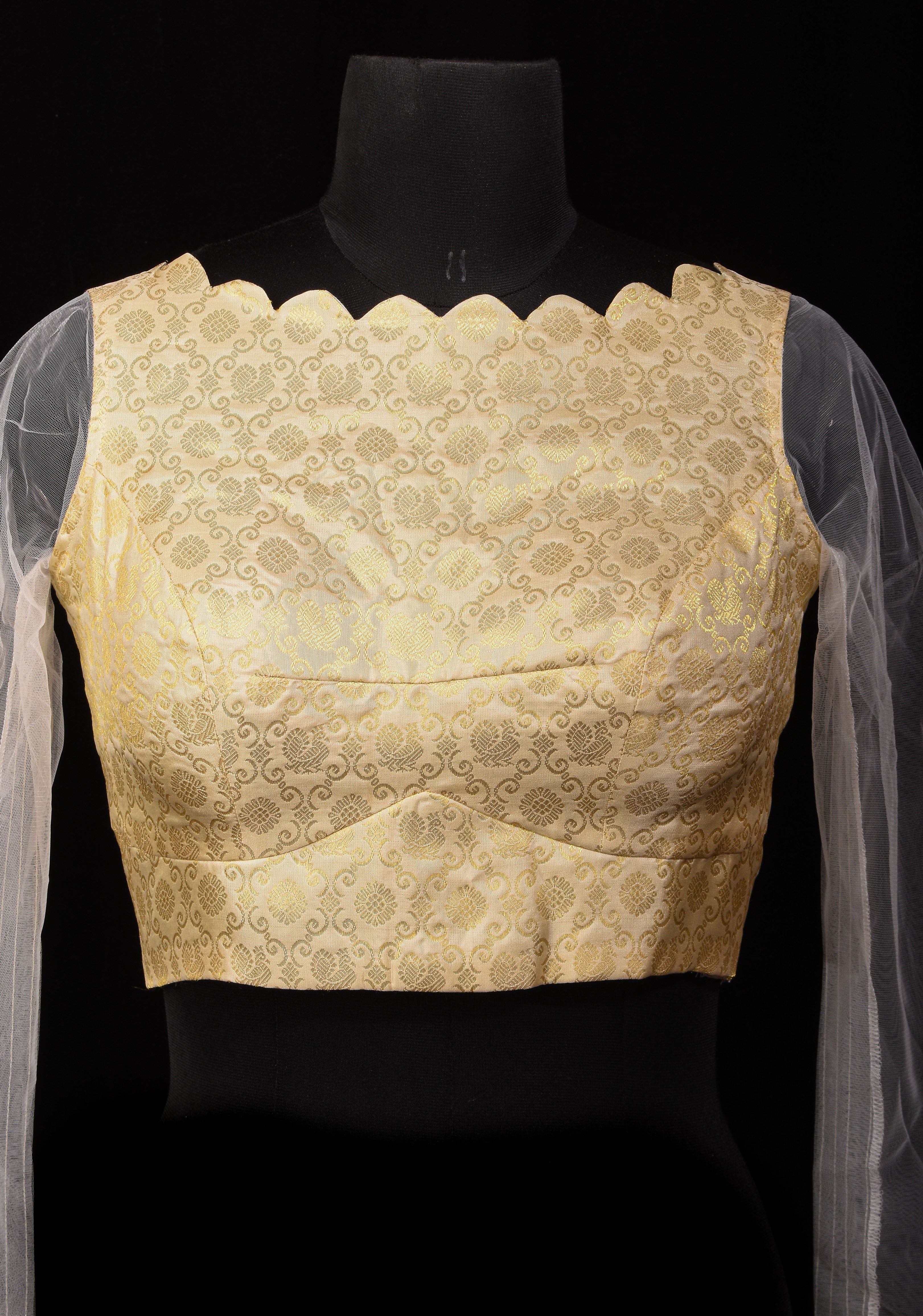 Ivory Kanjivaram Brocade Pure Silk Blouse with Scalloped Neckline and Sheer Sleeves, customizable, made-to-order