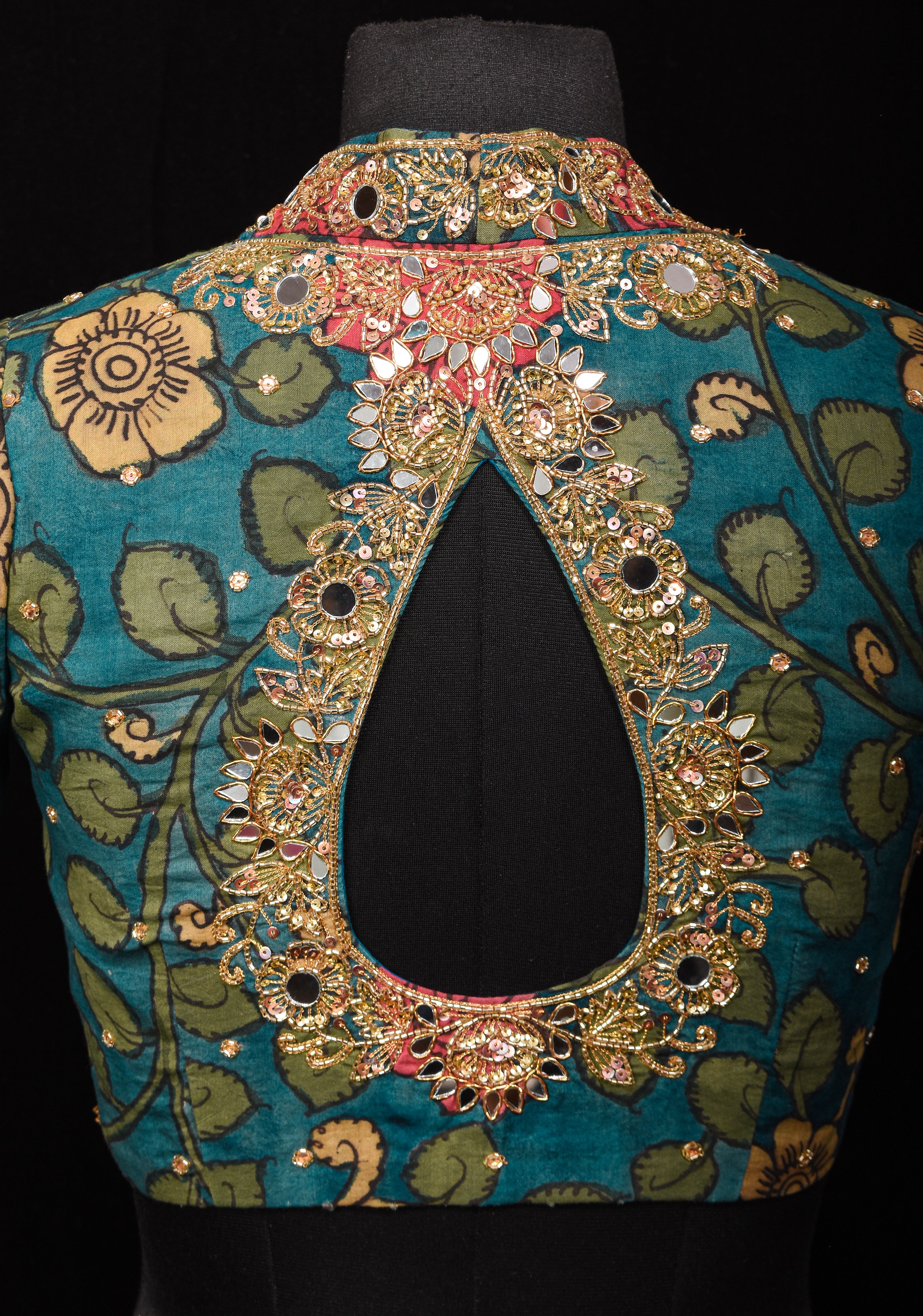 Teal Floral Authentic Pen Kalamkari Blouse with extensive Cutdana and Mirror work detailing, Customizable, Made To Order
