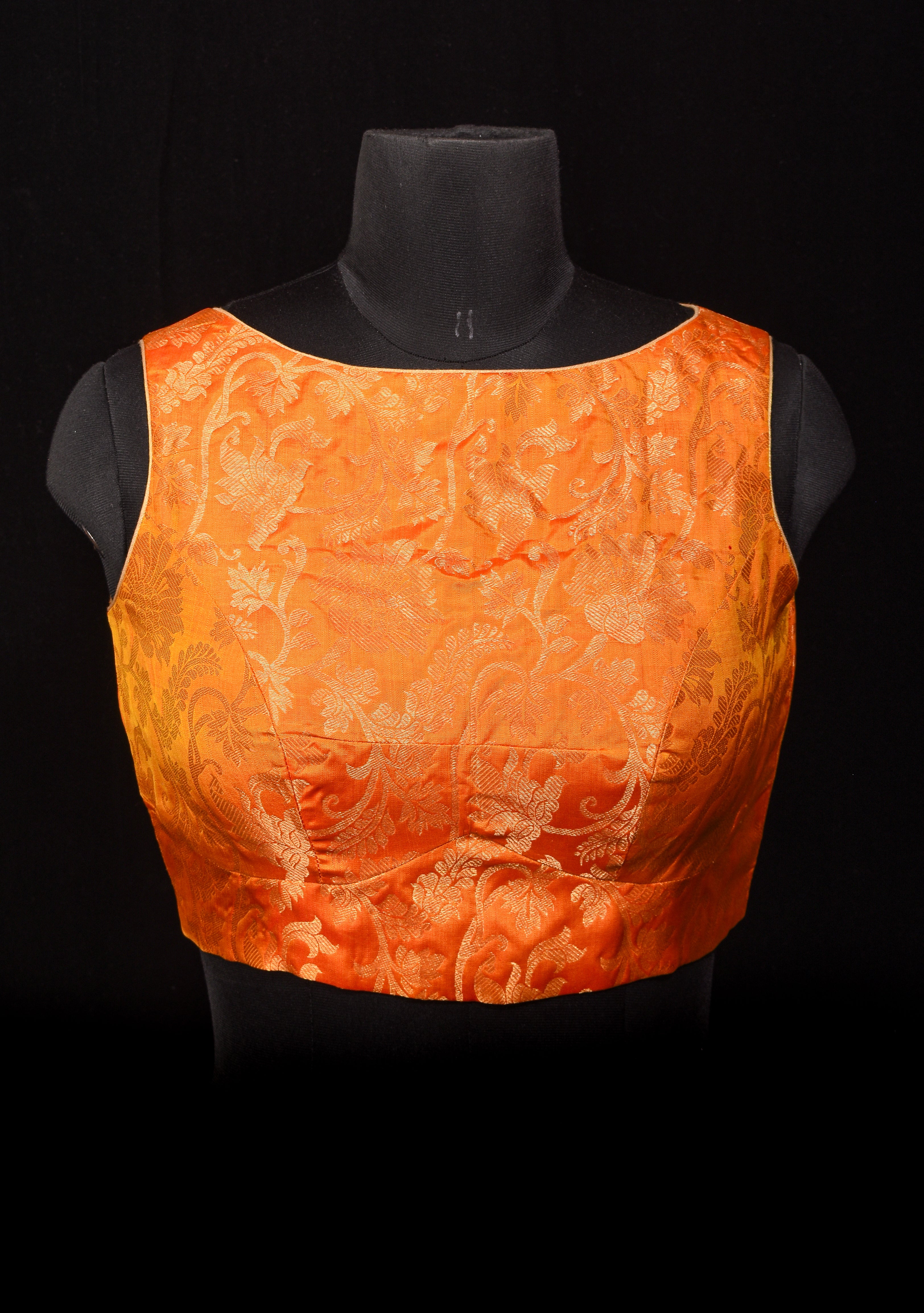 Orange Kanjivaram floral brocade sleeveless blouse, Customizable, Made to order