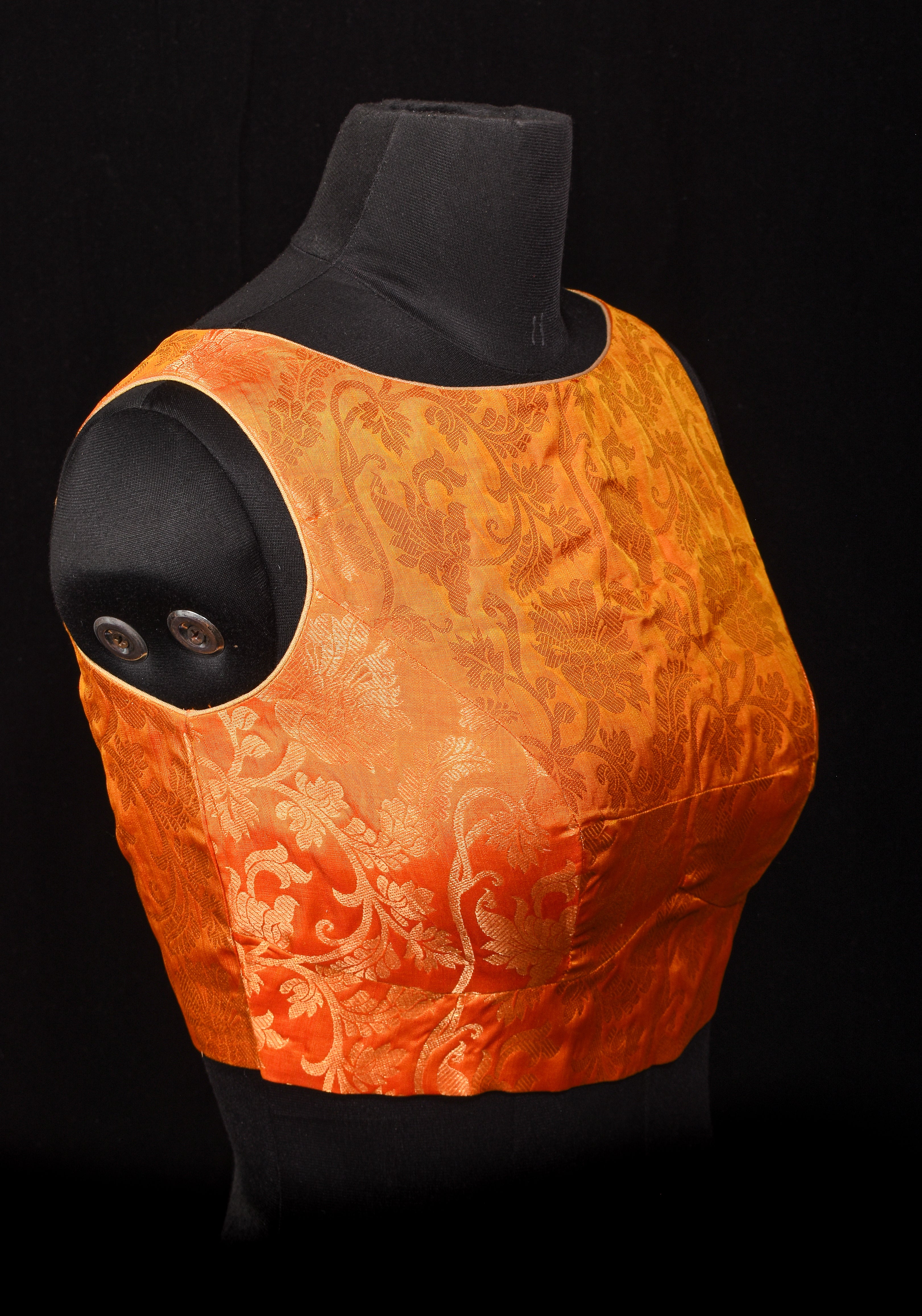 Orange Kanjivaram floral brocade sleeveless blouse, Customizable, Made to order